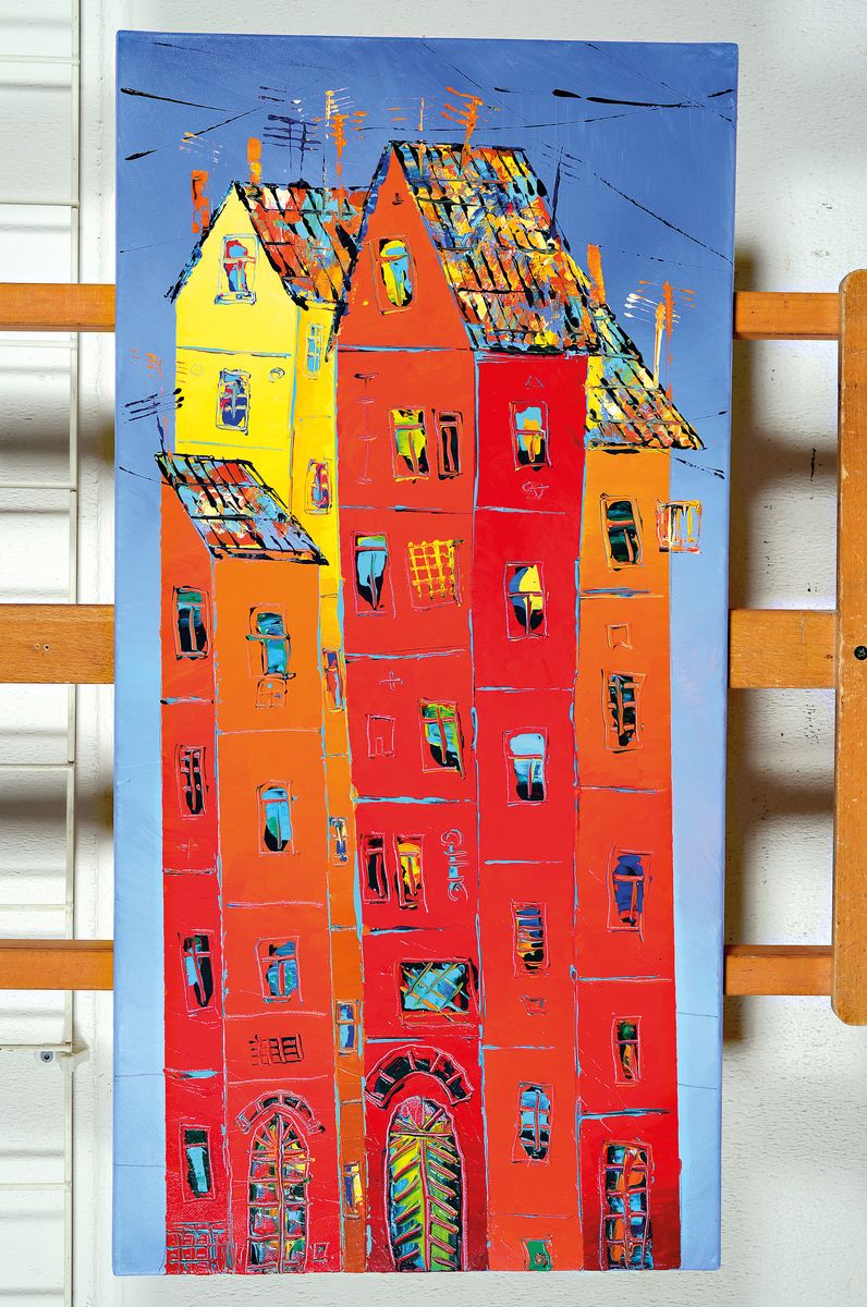 Vladmir Smahtin, geb. 1955 Moskau, lebt und arbeitet in Ludwigshafen, Studium an der Akademie Moskau, hier: Häuser, Acryl/Lwd, ca. 80x40cm