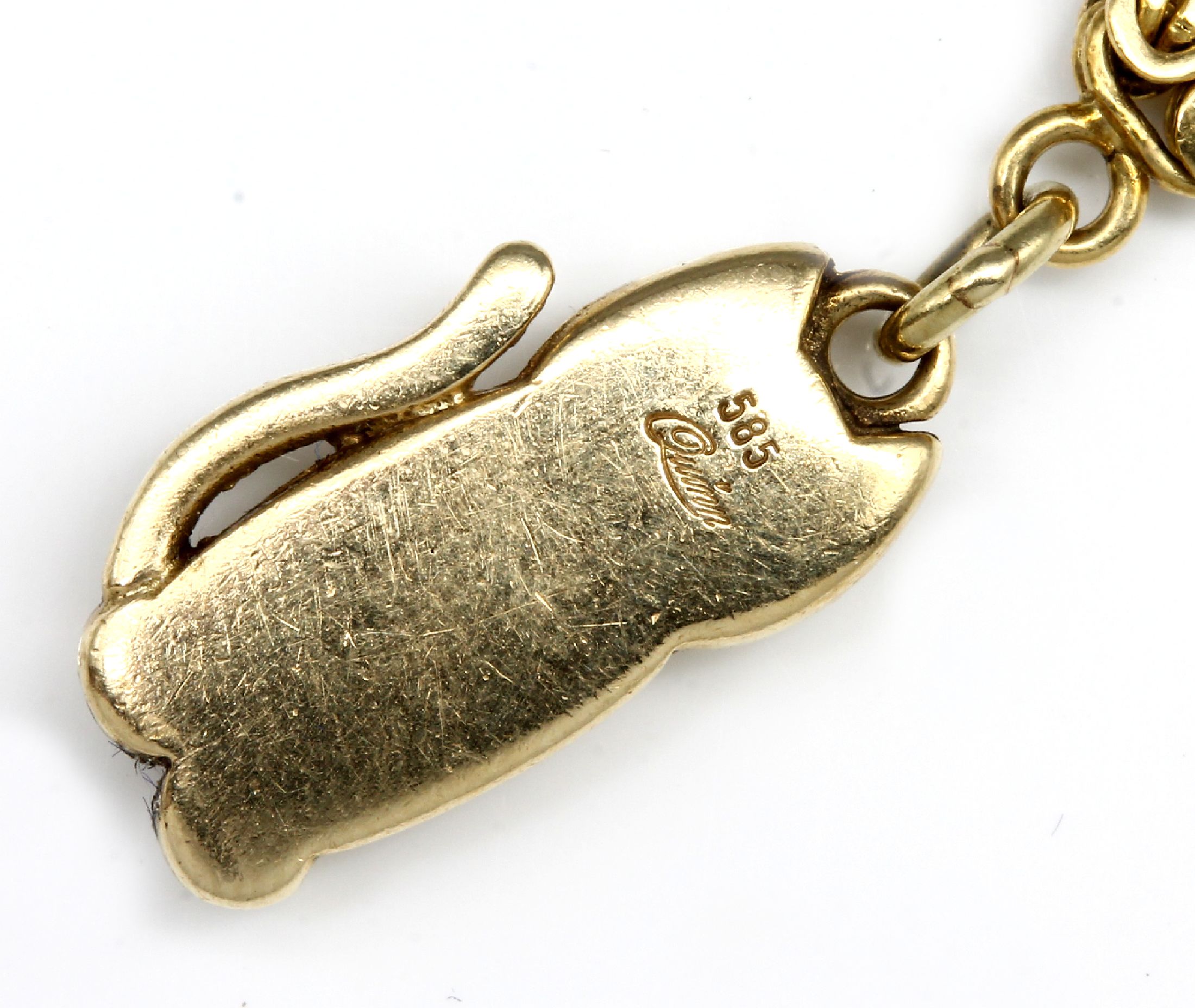 Detail a: 18 kt Gold Königskettenarmband, GG 750/000,Anhänger Katze, GG 585/000, sign. Quinn = Scheuerle, Karabinerschließe erneuert in GG 585/000, L. ca. ...