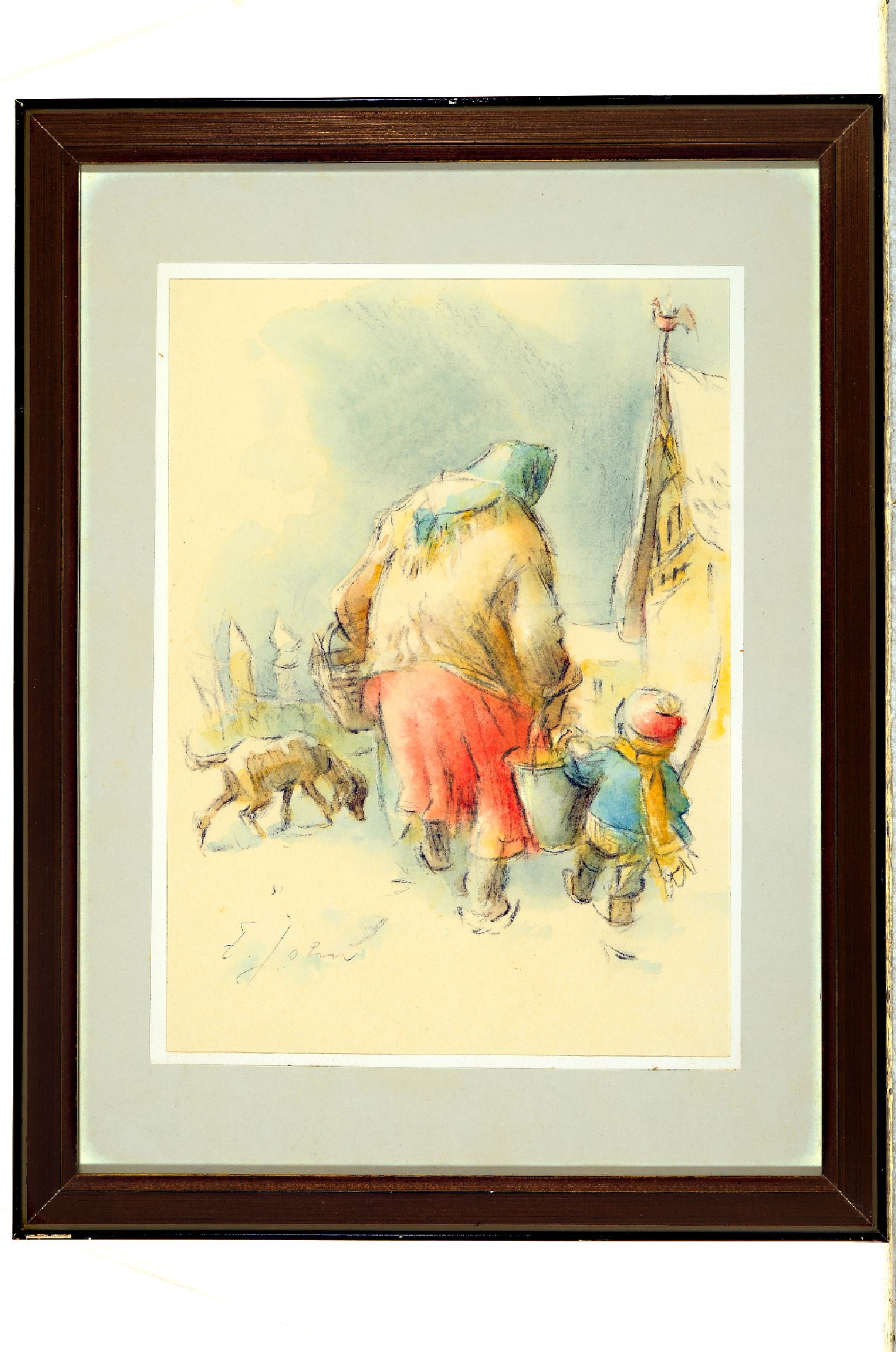 Egon John, 4 Arbeiten auf Papier: 1x Winterlandschaft mit Bauersfrau, bez. Russland43, ca. 36x45cm, PP, u.Gl., R. ca. 53x60cm; Porträt eines Kindes, ...