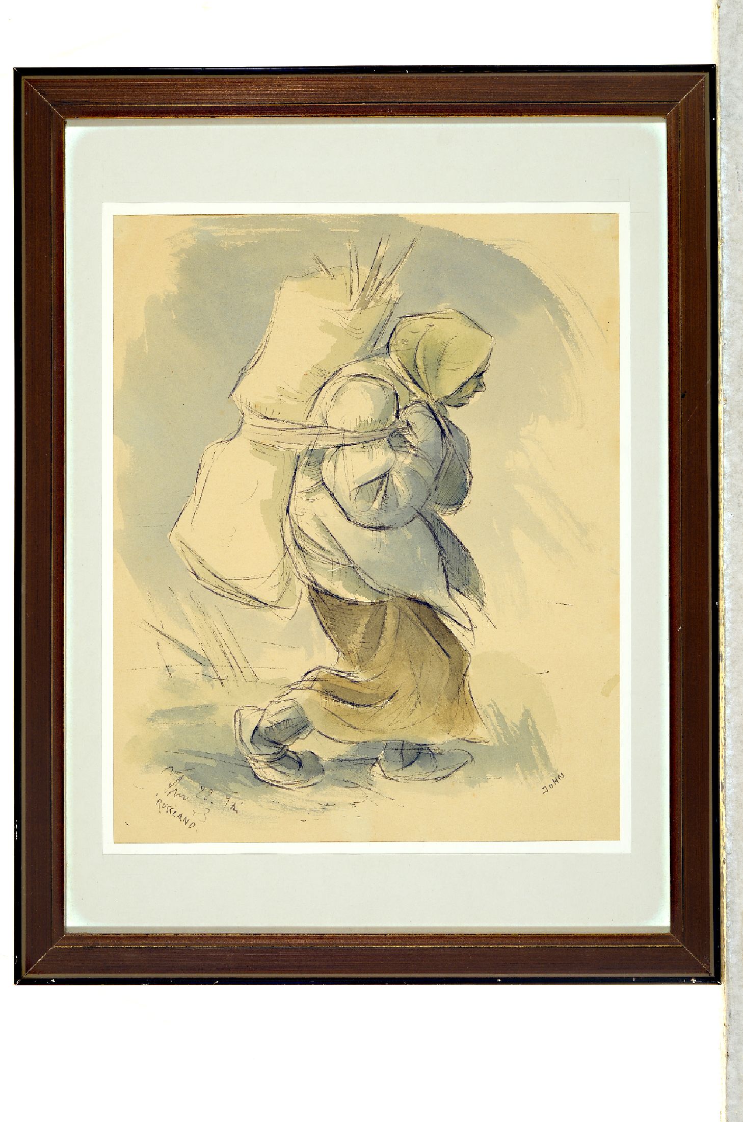 Detail a: Egon John, 4 Arbeiten auf Papier: 1x Winterlandschaft mit Bauersfrau, bez. Russland43, ca. 36x45cm, PP, u.Gl., R. ca. 53x60cm; Porträt eines Kindes, ...