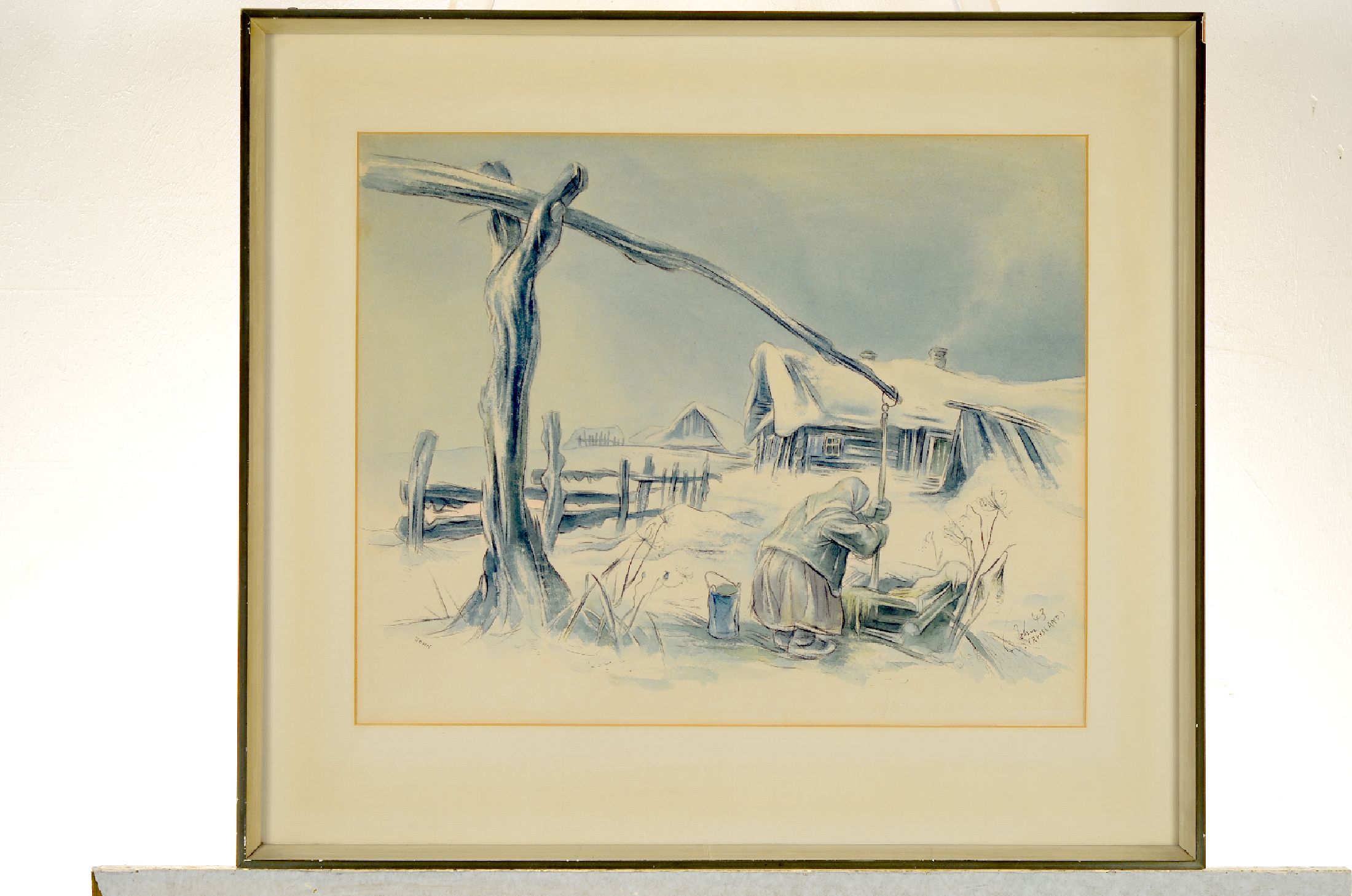 Detail b: Egon John, 4 Arbeiten auf Papier: 1x Winterlandschaft mit Bauersfrau, bez. Russland43, ca. 36x45cm, PP, u.Gl., R. ca. 53x60cm; Porträt eines Kindes, ...