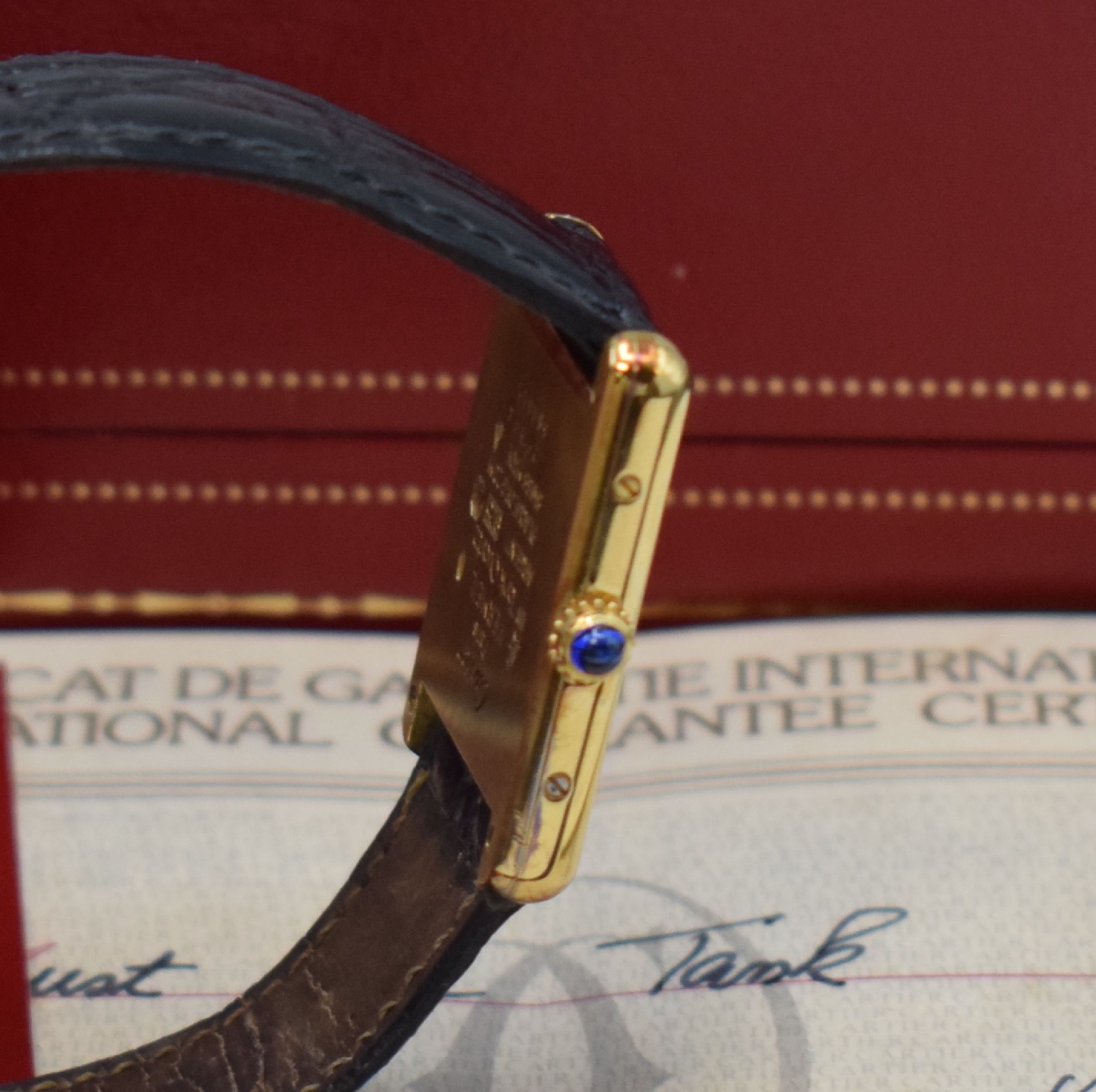 Detail c: CARTIER Damenarmbanduhr Tank Vermeil Referenz 590005, Schweiz verk. lt. beil. Pap. 05/1995, quarz, 2-teil., verg. Silbergeh. inkl. Lederband (zu ...