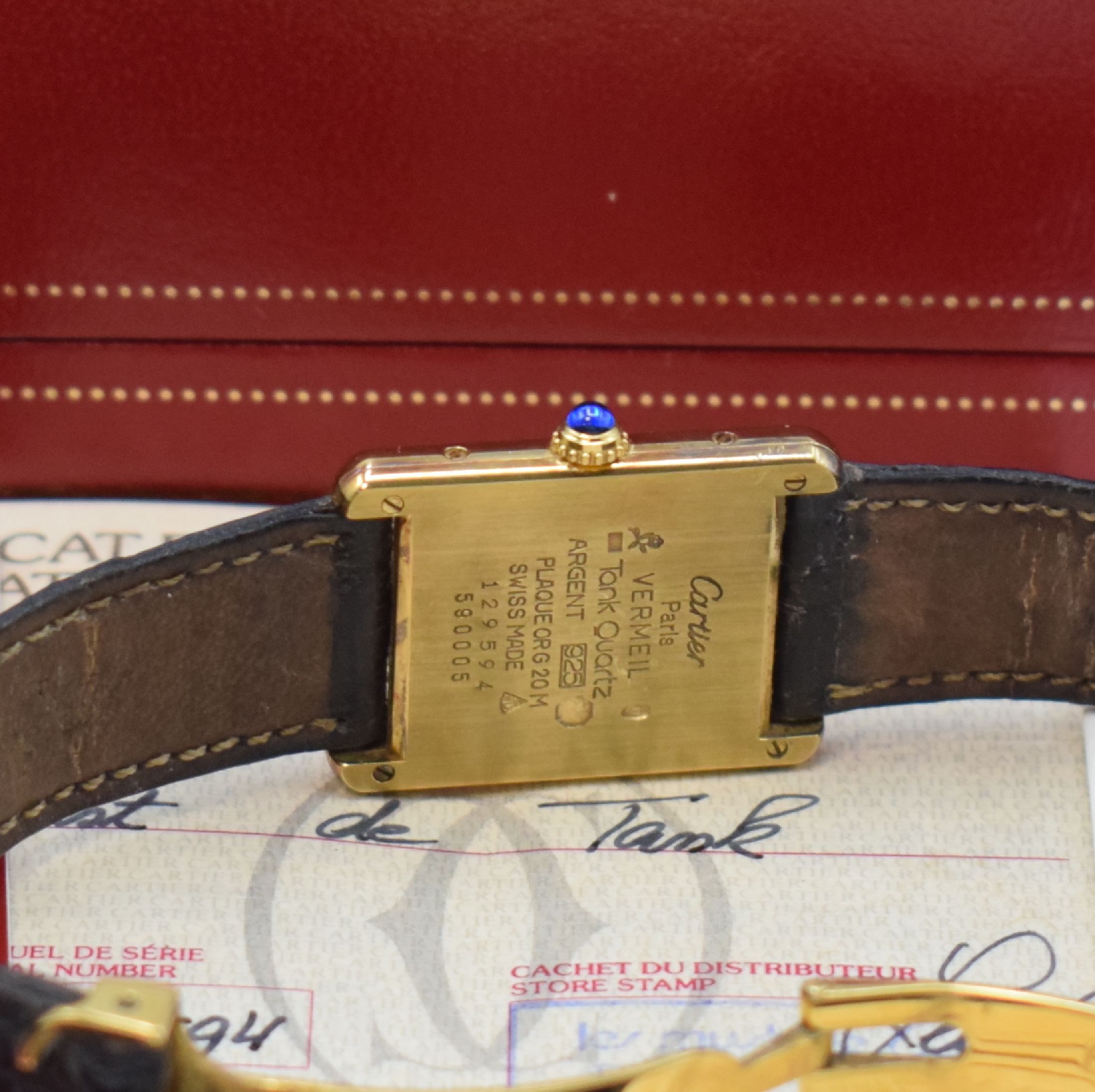 Detail d: CARTIER Damenarmbanduhr Tank Vermeil Referenz 590005, Schweiz verk. lt. beil. Pap. 05/1995, quarz, 2-teil., verg. Silbergeh. inkl. Lederband (zu ...