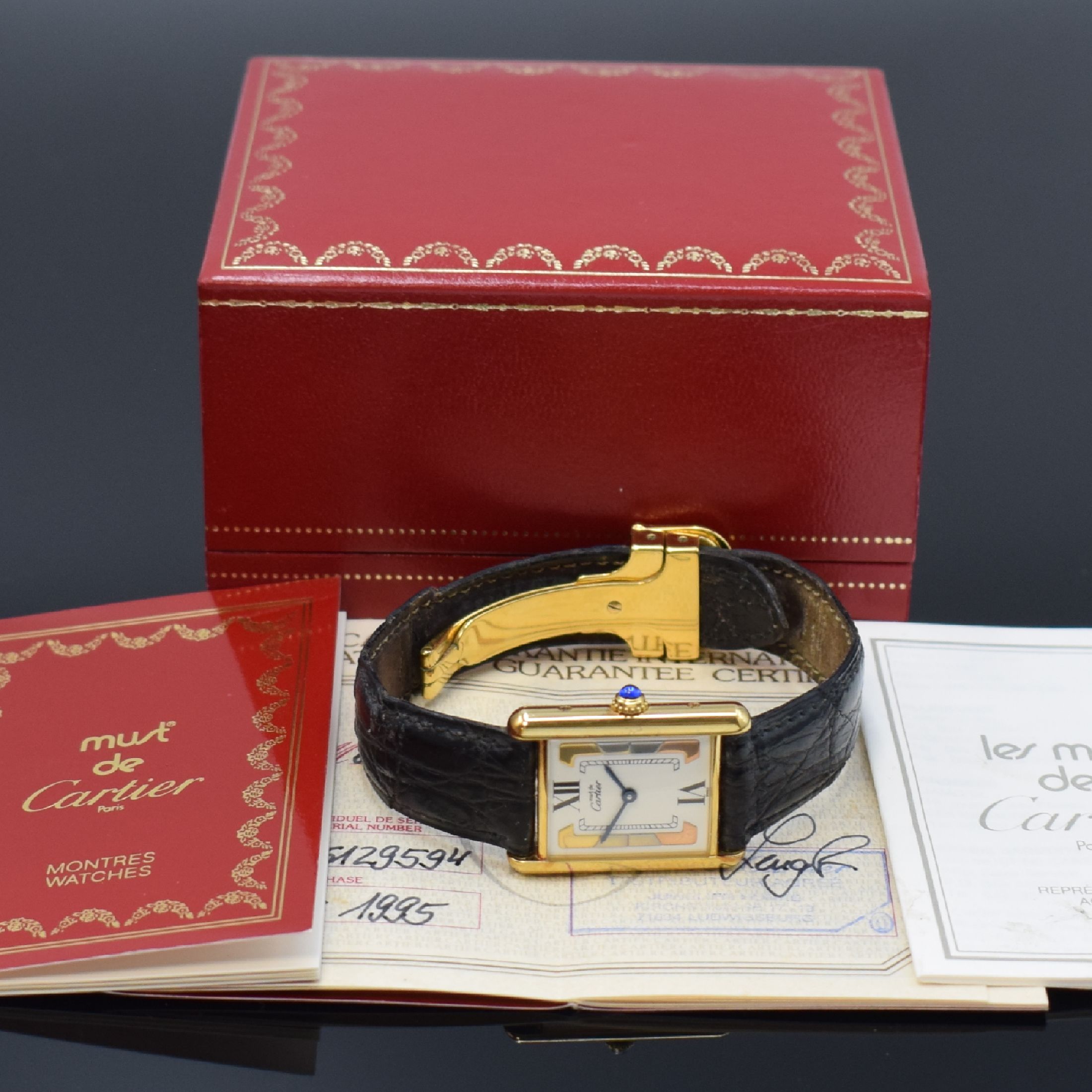 Detail e: CARTIER Damenarmbanduhr Tank Vermeil Referenz 590005, Schweiz verk. lt. beil. Pap. 05/1995, quarz, 2-teil., verg. Silbergeh. inkl. Lederband (zu ...