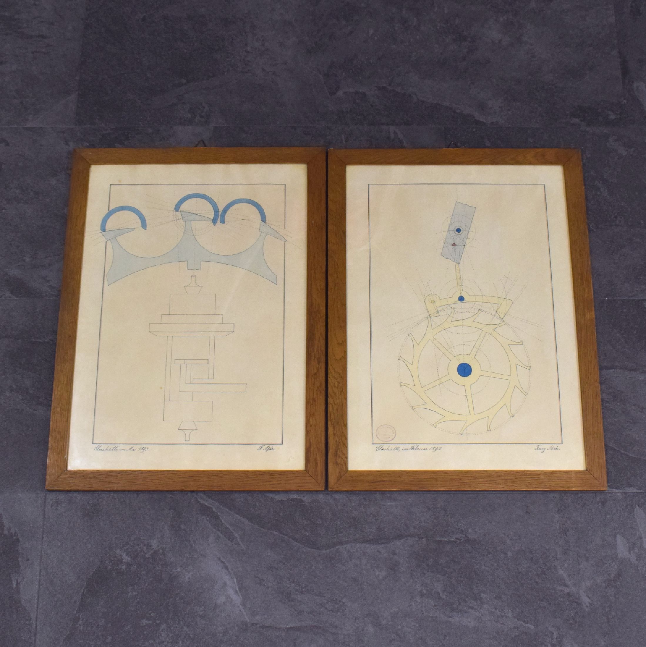 UHRMACHERSCHULE GLASHÜTTE 1893 2 seltene, kolorierte original Hemmungs-Zeichnungen von Franz Bär, Glashütte, datiert und signiert Februar und Mai ...