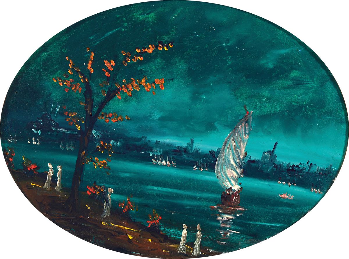 Engin Varol, geb. 1949 Istanbul, Blick über das Wasser auf Istanbul Öl/Malkarton, sign., im Oval ca. 30x40cm, R.