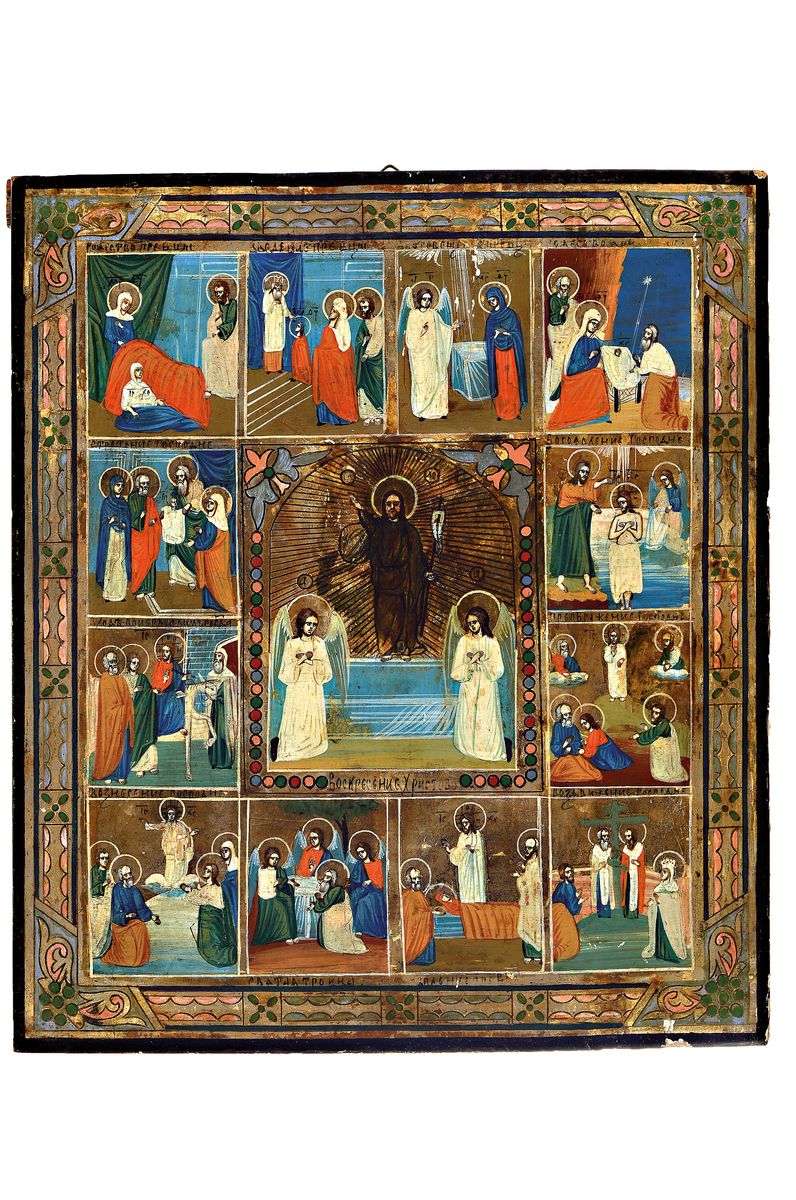 Ikone, Russland, 2. Hälfte 20. Jh., Festtagsikone, 13 Felder, Szenen aus dem Leben Jesu, Tempera/Holz, leichte Farbabblätterungen bzw. ...
