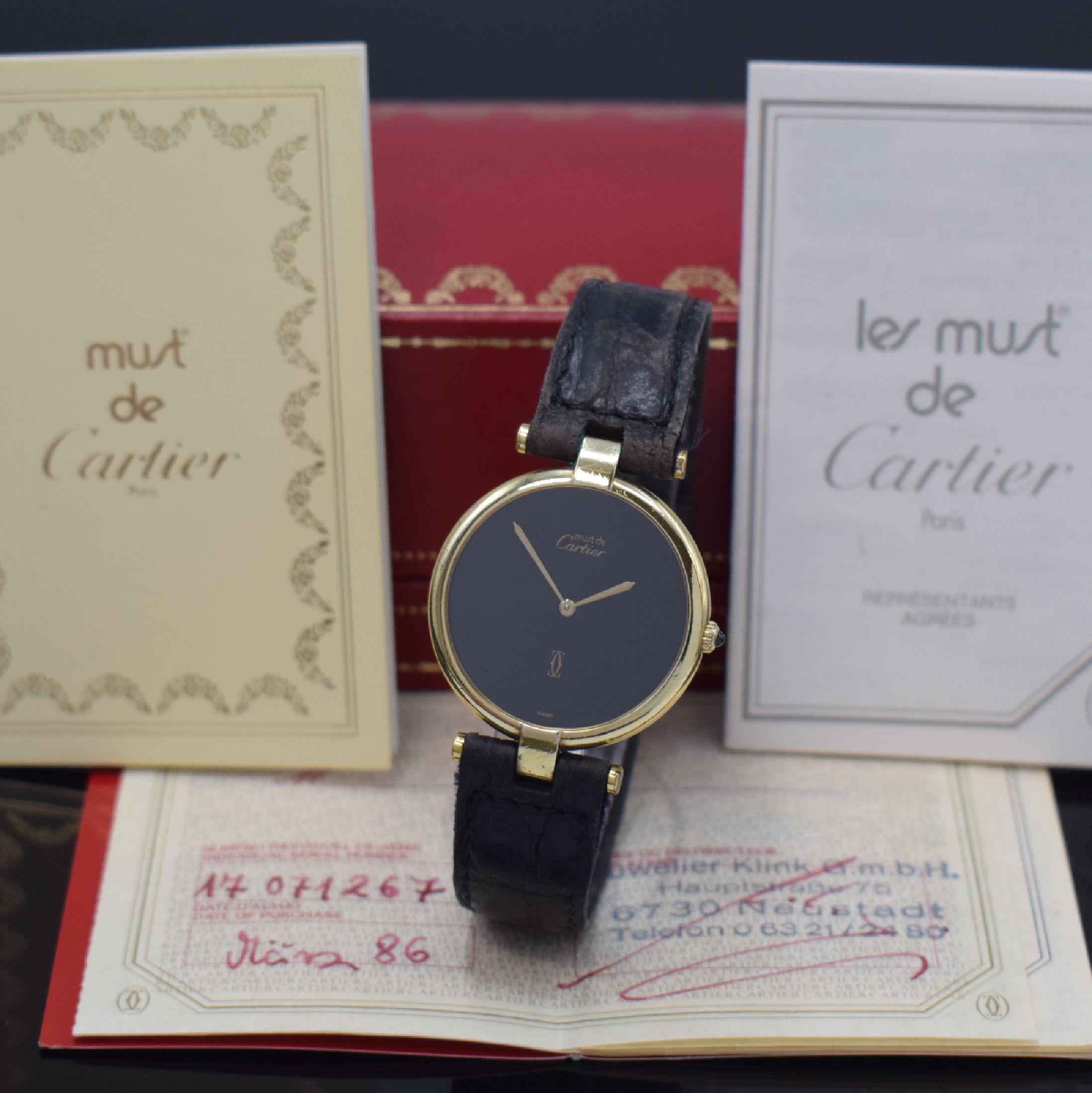 CARTIER Vendome Damenarmbanduhr in Vermail, Schweiz lt. orig. Papier verkauft 1986, quartz, 2-fach verschr. Geh. in vergoldetem Sterling-Silber, ...