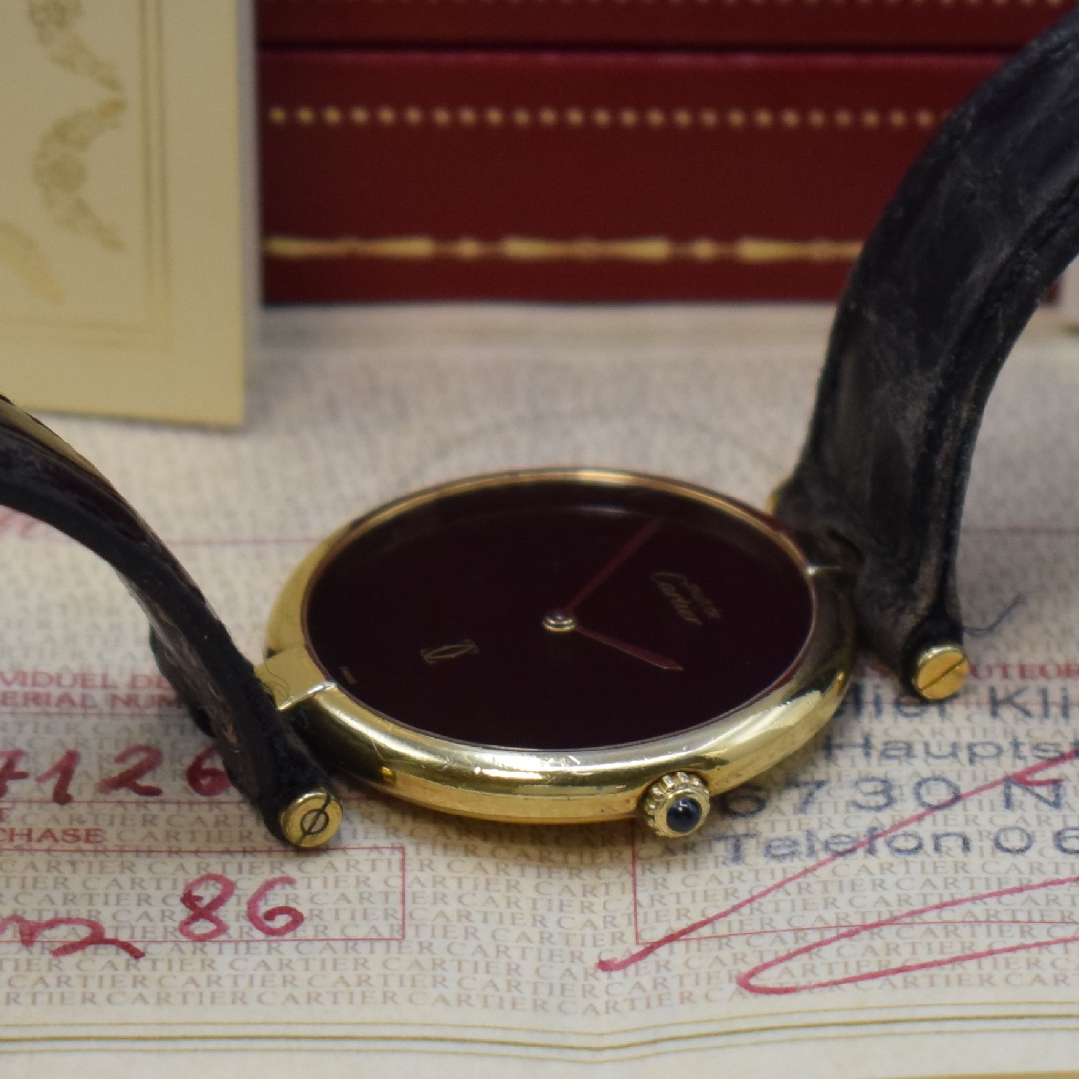 Detail c: CARTIER Vendome Damenarmbanduhr in Vermail, Schweiz lt. orig. Papier verkauft 1986, quartz, 2-fach verschr. Geh. in vergoldetem Sterling-Silber, ...