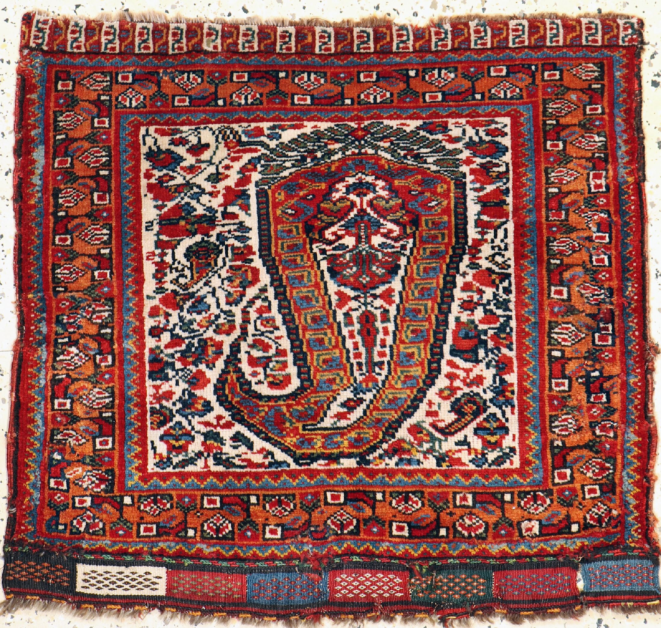Antike Khamseh Taschenfront, Persien, 19.Jhd, Wolle auf Wolle, ca. 70 x 77 cm, EHZ: 3, (Reparaturen).