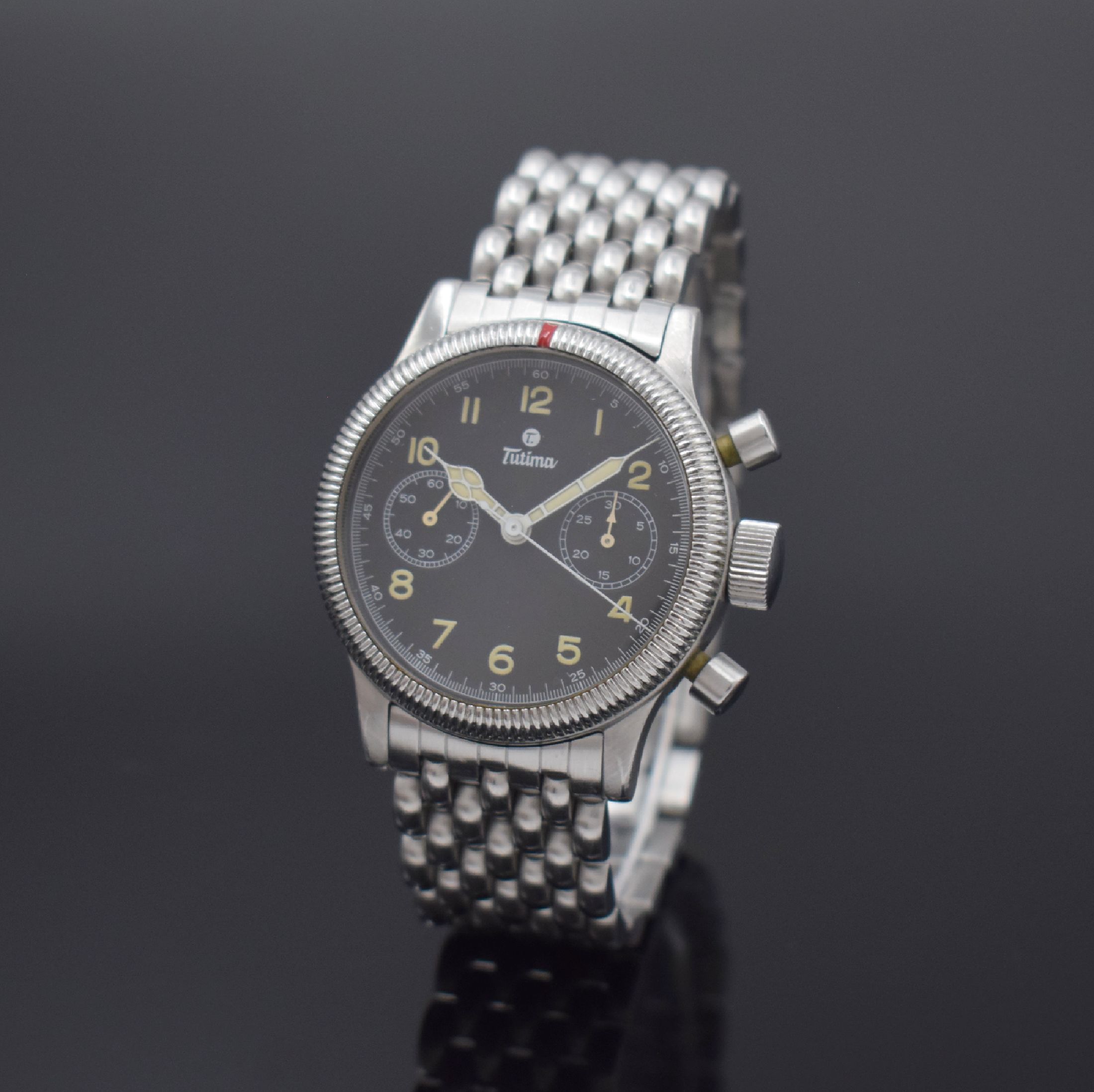 TUTIMA "Fliegerchronograph 1941" Herrenarmbanduhr in Edelstahl, Deutschland/ Schweiz um 2000, Handaufzug, Boden geschr., geriffelte ...