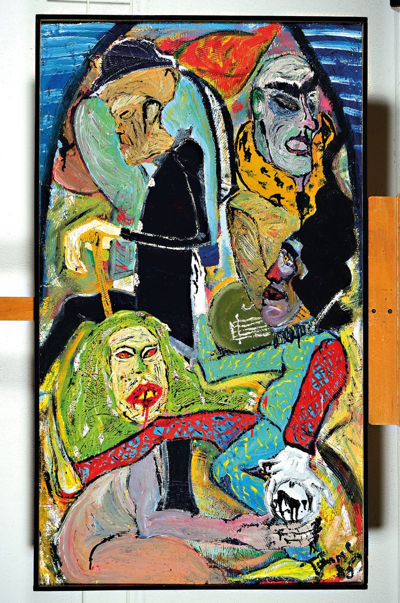 Thomas Salzmann, zeitgen. Künstler aus Wörth, "Max Beckmann trifft sterbenden Bankier in gotischer Kathedrale", rückseitig so betitelt, ...