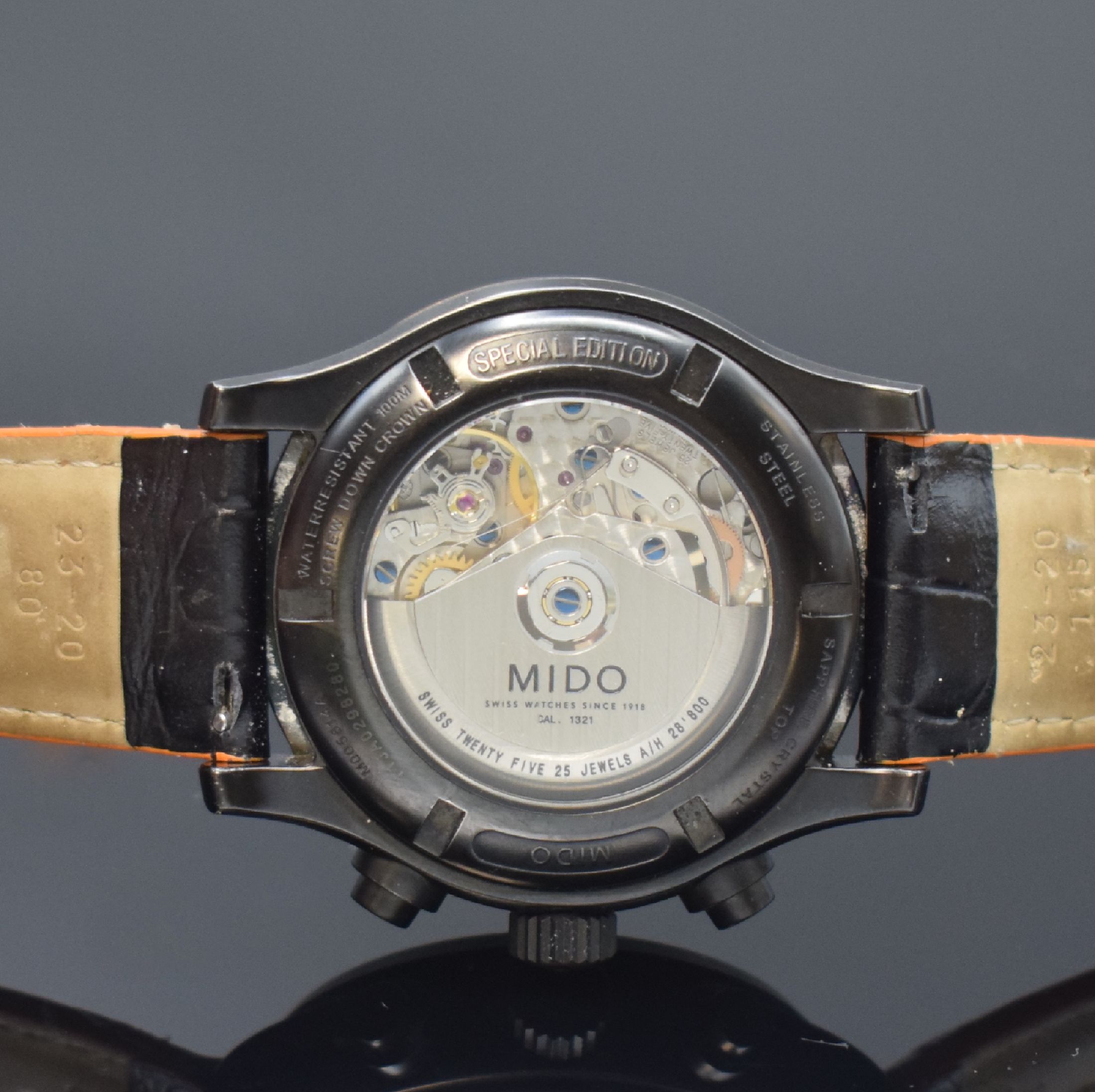 Detail e: MIDO Armbandchronograph Multifort Special Edition Referenz M005614A, Automatik, Schweiz um 2013, PVD beschichtetes Edelstahlgeh. inkl. orig. ...