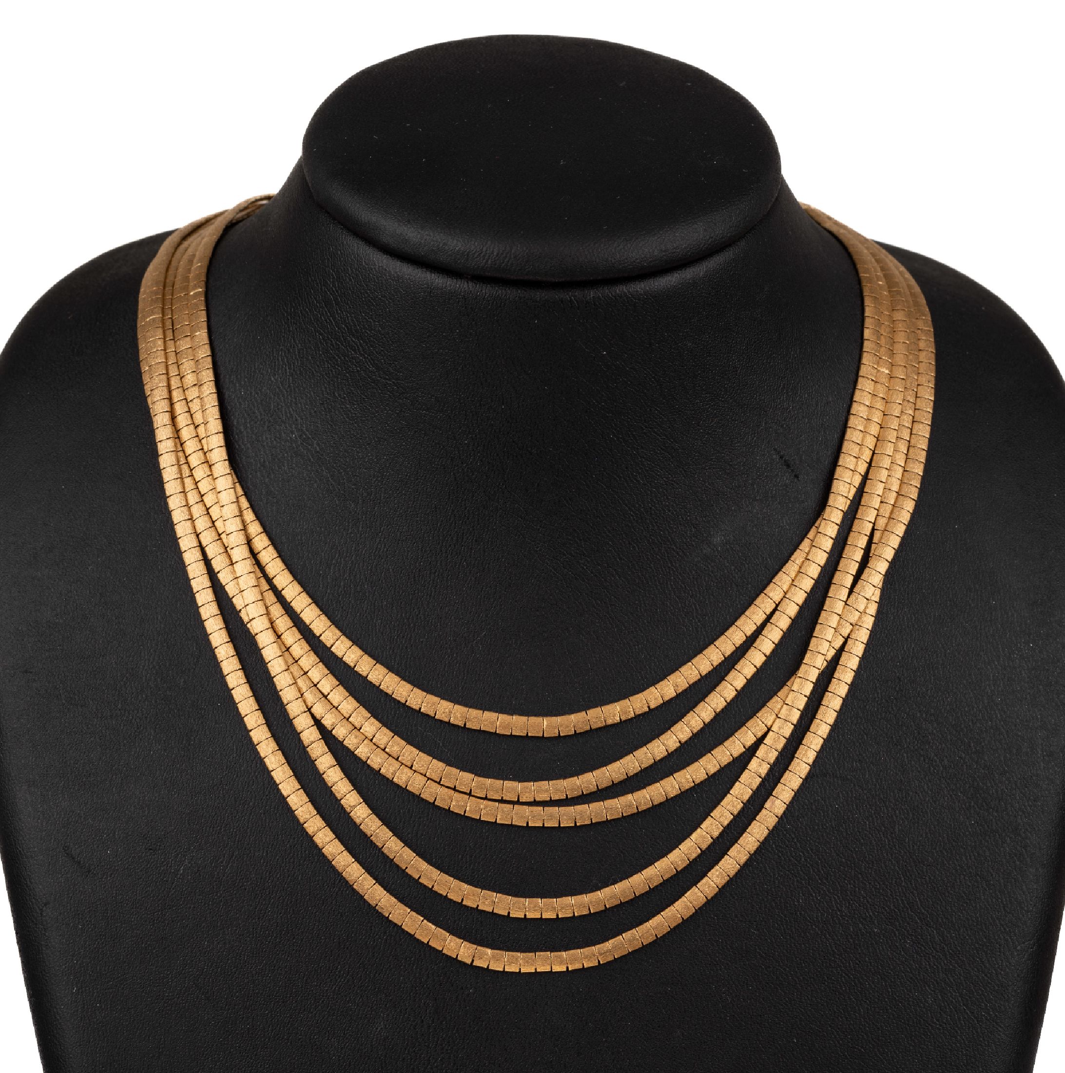 5-reihiges 18 kt Gold Spaghetti Collier, Rose G 750/000, fein satiniert, Kastenschloß mit Sicherheitsacht, Innenl. ca. 40 cm, total ca. 73.7 g