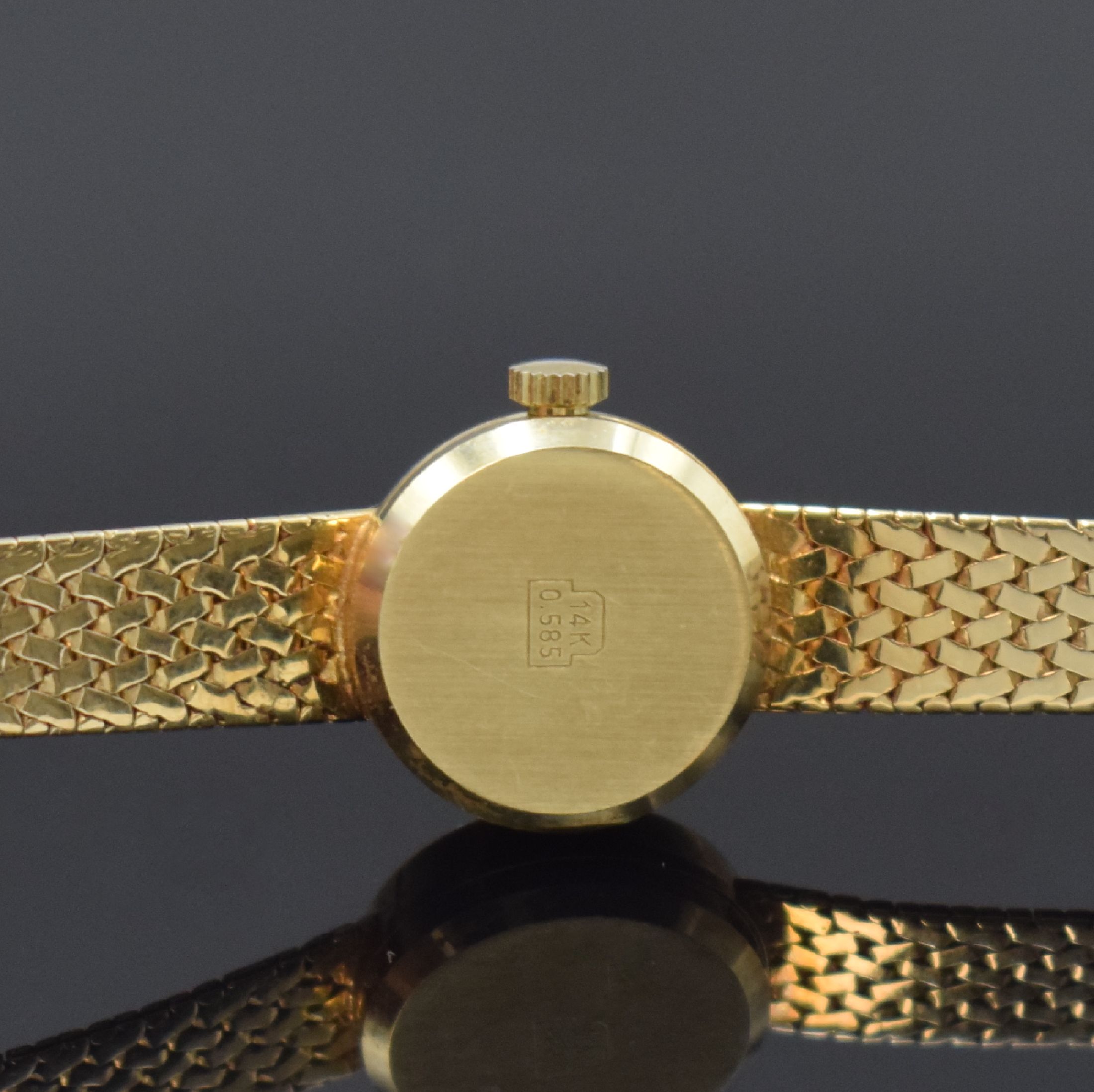 Detail c: ORDIAM Damenarmbanduhr in GG 585/000, Schweiz um 1970, quarz, 2-teil. Gehäuse, Boden gedr., Milanaiseband, silb. Zifferbl. m. aufges. Std.-Ind., ...