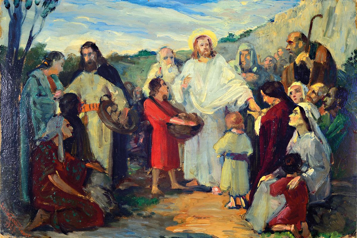 Detail a: Josef Wagenbrenner, 1880 Estenfeld-1953 Rastatt, Porträt- und Kirchenmaler, Konvolut aus vier Arbeiten: Christus beim Verteilen von Brot an die ...