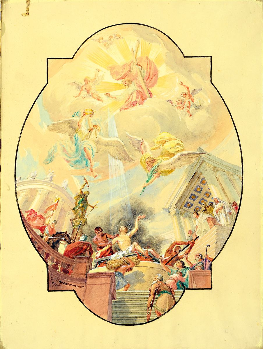 Detail b: Josef Wagenbrenner, 1880 Estenfeld-1953 Rastatt, Porträt- und Kirchenmaler, Konvolut aus vier Arbeiten: Christus beim Verteilen von Brot an die ...
