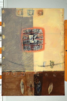 Image 26710993 - Wolfgang Beck, born 1957 in Heidelberg, #"Everything has its time#", studied at the FHG Mannheim (with Hubert Gems), member of theBKK Rhineland-Palatinate, as well as various. Artist groups, regular exhibitions and art projects since 1989, freelance painter and sculptor since 1989, lives and works in Donsiders/West Palatinate, regular group exhibitions, among others, in the Hack Museum/Ludwigshafen, Xylon Museum Schwetzingen, acrylic/canvas, 1997, 50x70 cm, signed lower left (from a series of informal paintings with characters and text fragments)