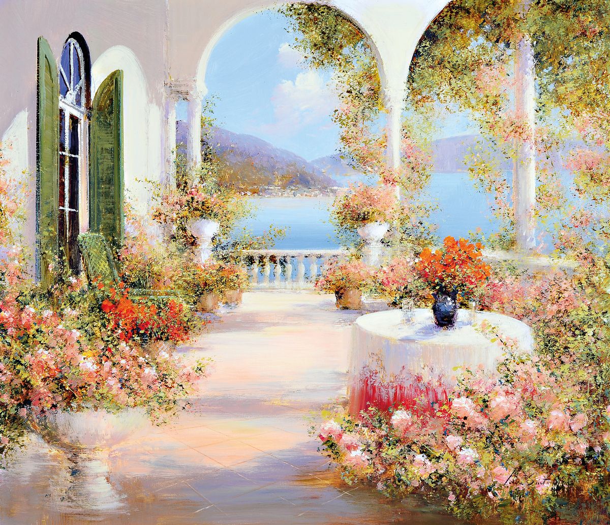 Lucia Sarto, geb. 1950 Porporetto, Blick auf eine Terrasse am Seeufer, Öl/Lwd, rechts unten signiert, ca. 60x70cm, R. ca. 73x83cm