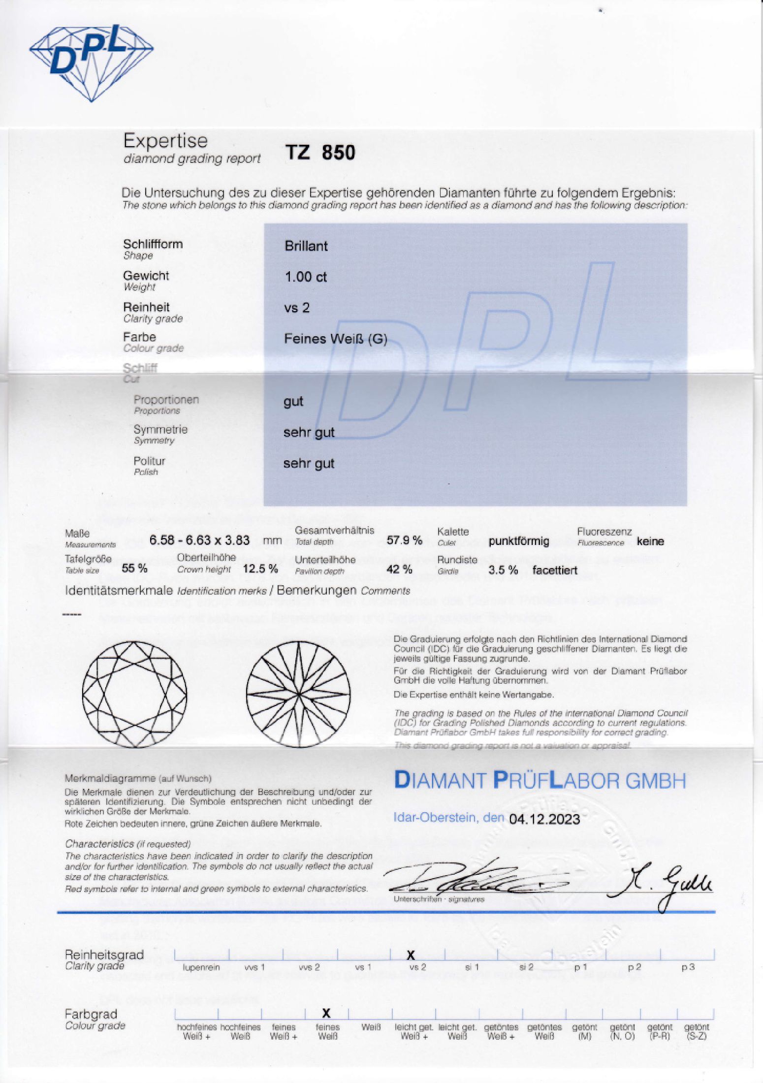 Detail c: Loser Brillant 1.00 ct feines Weiß (G)/vs 2, DPL Expertise 12/2023