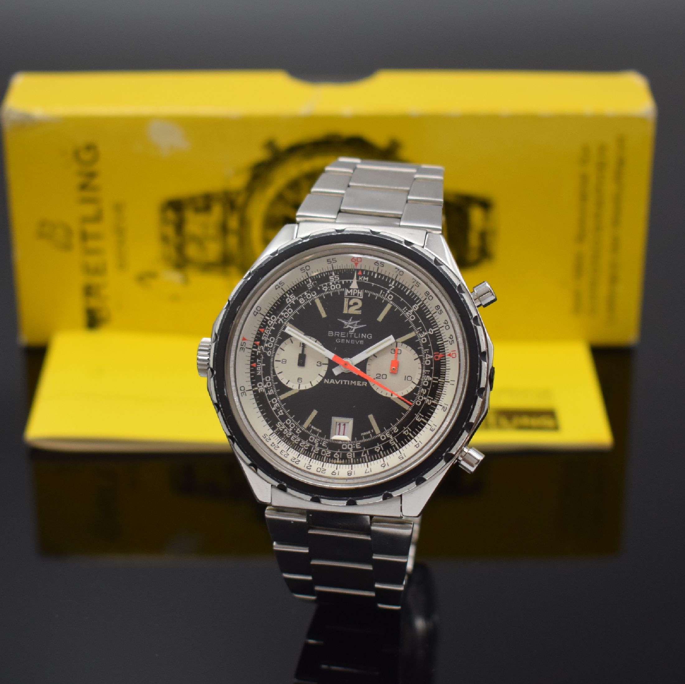 BREITLING Armbandchronograph Navitimer Chrono-Matic Referenz 1808, Schweiz um 1972, Edelstahlgeh. inkl. orig. Gliederband m. Faltschl., Boden ...