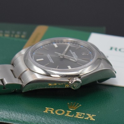 26711023d - ROLEX Oyster Perpetual 39 gents wristwatch reference 114300, self winding, superlative chronometer officially certified, screwed down stainless steel oyster case including oyster bracelet with deployant clasp, gray dial with applied hour-indices, silvered luminous hands, diameter approx. 39 mm, length approx. 21 cm, original papers enclosed, condition 1-2