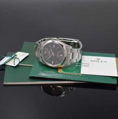 26711023f - ROLEX Oyster Perpetual 39 gents wristwatch reference 114300, self winding, superlative chronometer officially certified, screwed down stainless steel oyster case including oyster bracelet with deployant clasp, gray dial with applied hour-indices, silvered luminous hands, diameter approx. 39 mm, length approx. 21 cm, original papers enclosed, condition 1-2