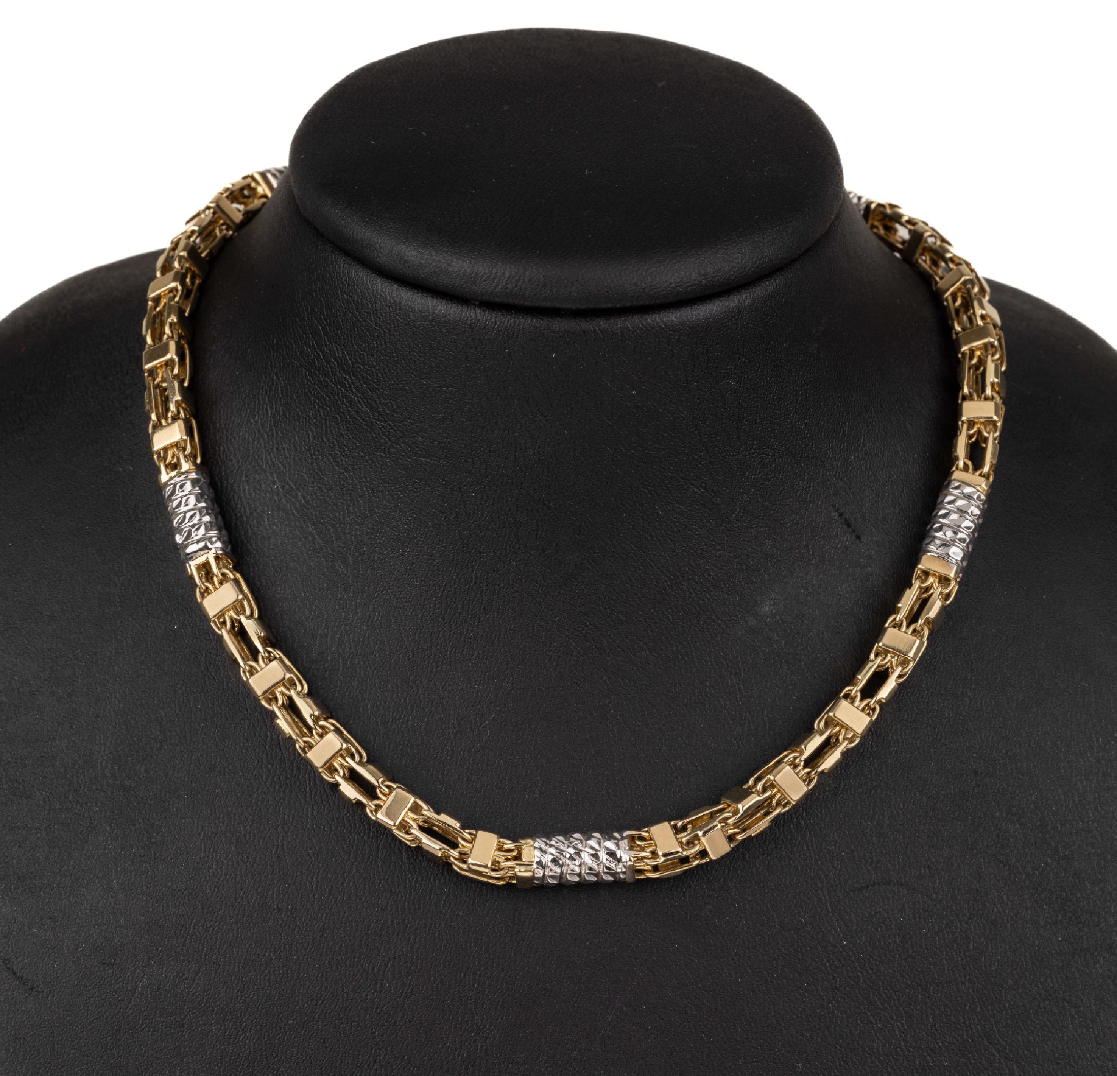 Ausgefallene 14 kt Gold Kette, ca. 88.9 g, GG/WG 585/000, anged. Königskettenform, WG Glieder diamantiert, L. ca. 58 cm, Karabiner- schließe