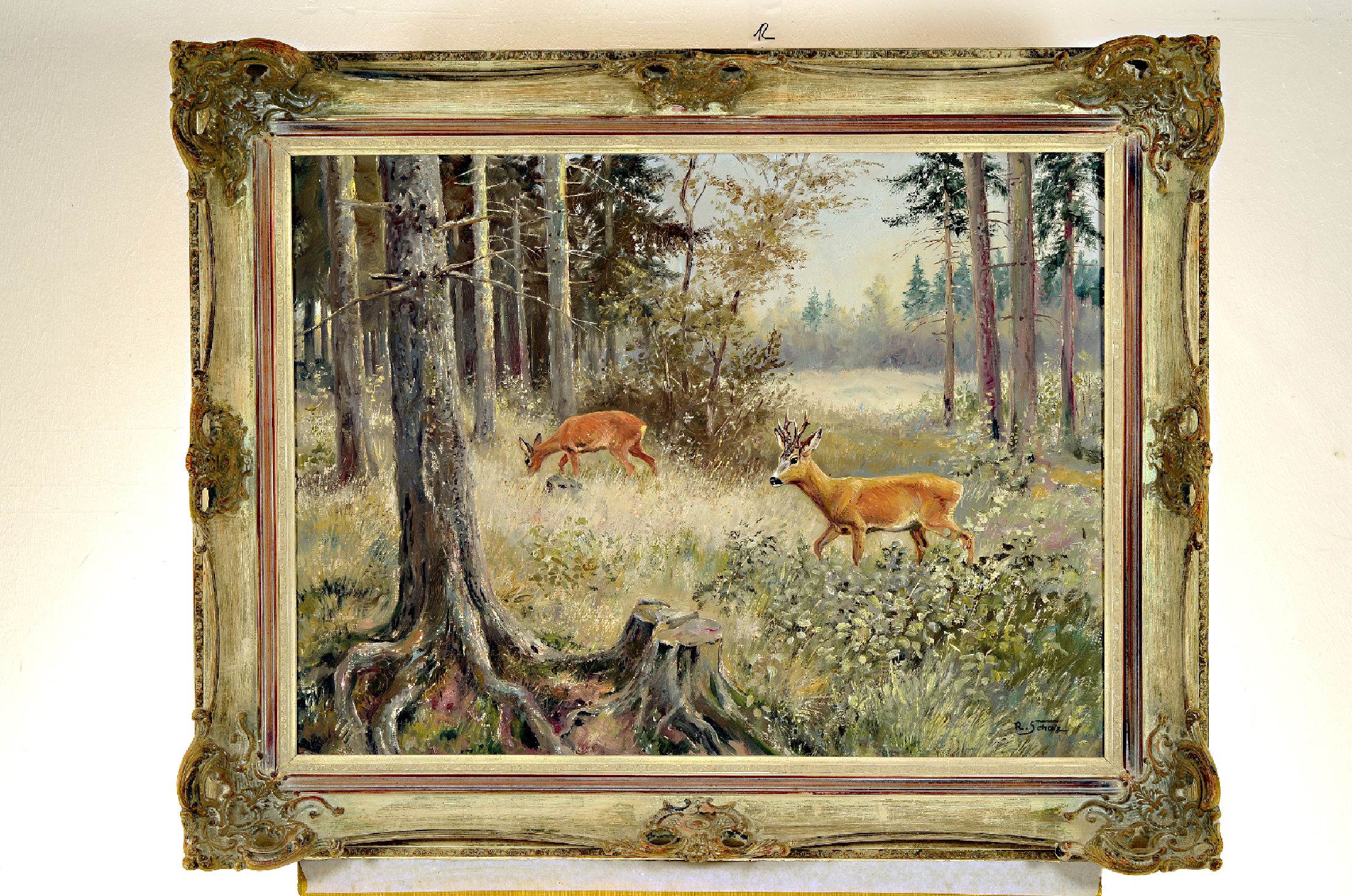 Richard Scholz, 1860-1939, Bock und Ricke im Winterwald, Öl/Lwd, signiert, ca. 60 x 80 cm, Rahmen