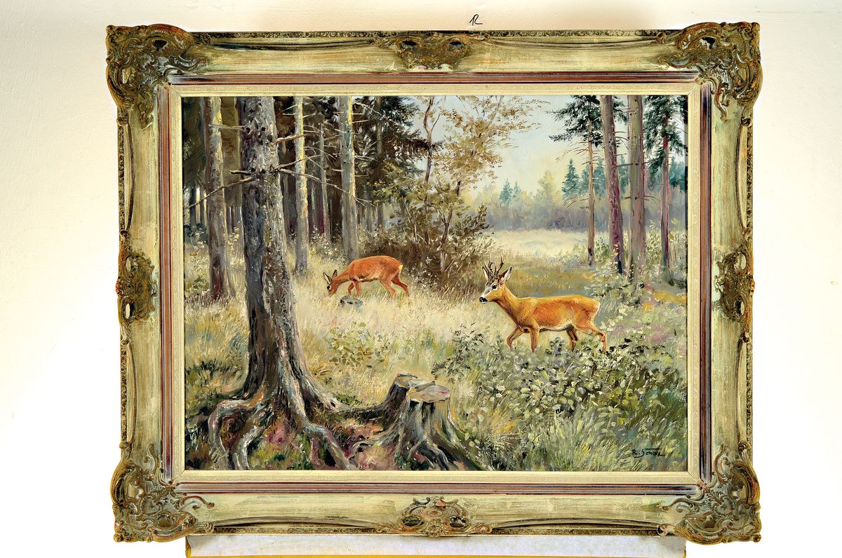 Detail k: Richard Scholz, 1860-1939, Bock und Ricke im Winterwald, Öl/Lwd, signiert, ca. 60 x 80 cm, Rahmen