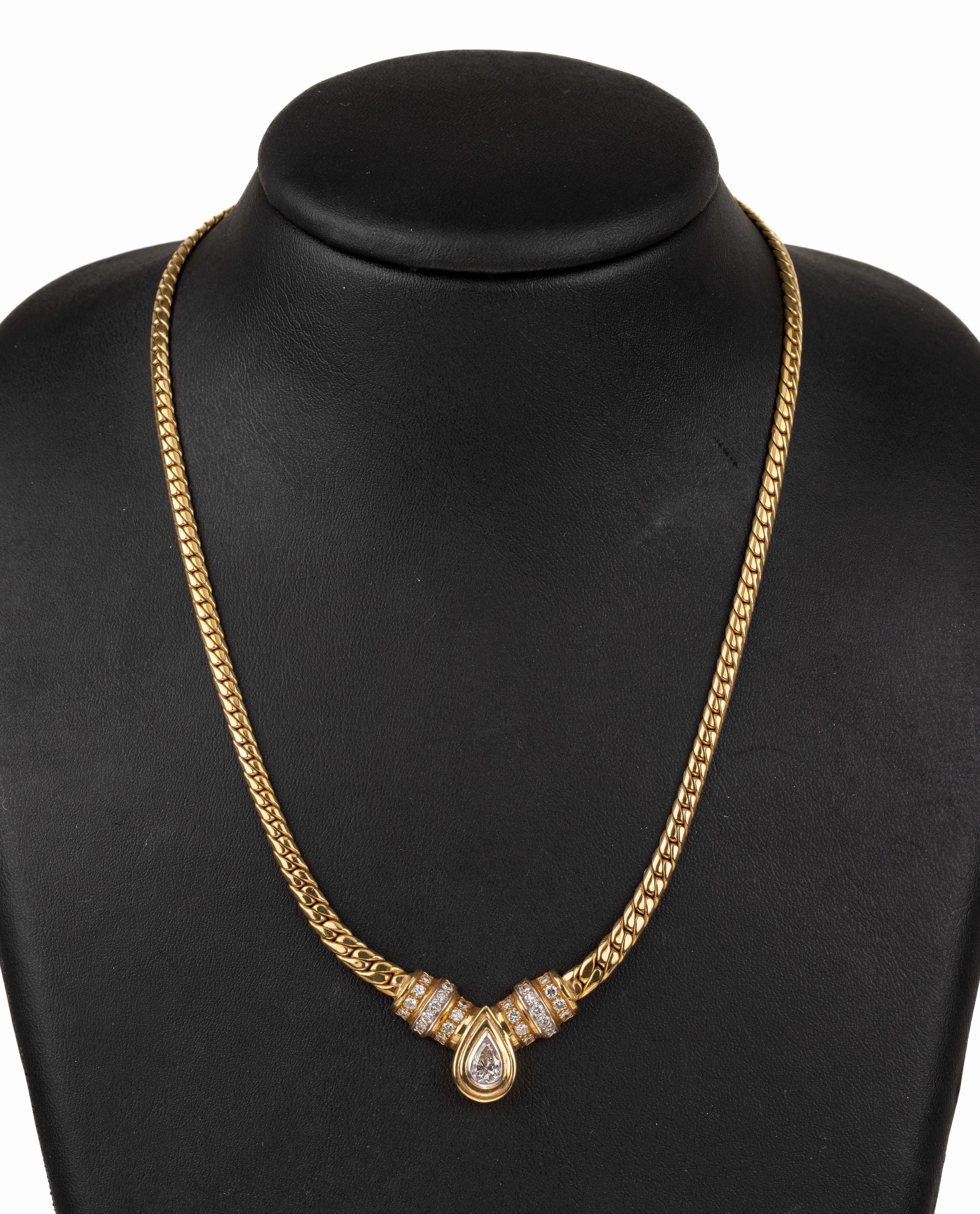 18 kt Gold Diamant Collier, GG 750/000, 1 Diamanttropfen ca. 0.88 ct, 26 Brillanten zus.0.86 ct Weiß/lupenrein-vs, L. ca. 42 cm, Kastenschloß mit ...