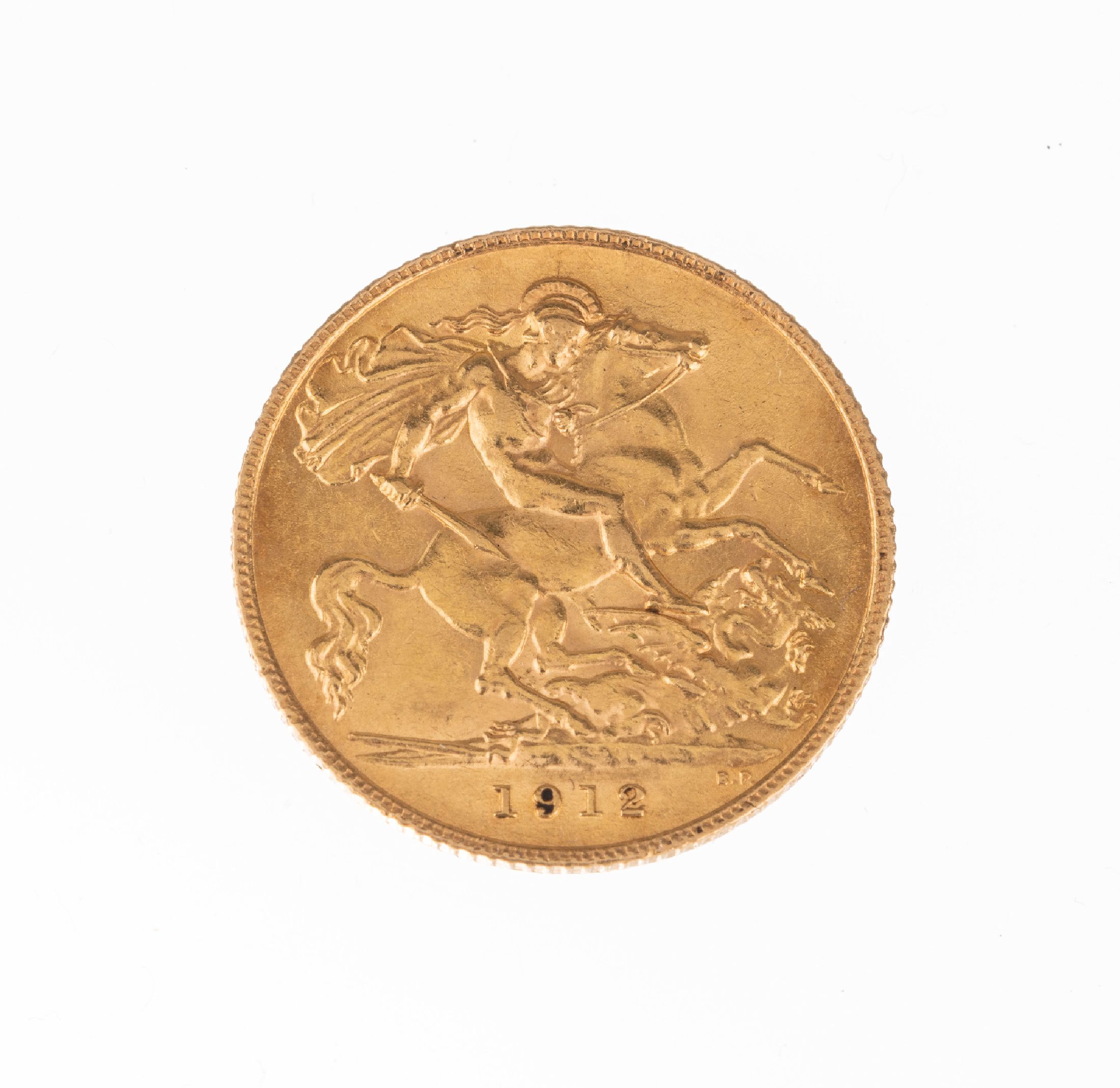 Detail a: Goldmünze sogn. Sovereign, Großbritannien 1912, Georg V, RV: heiliger Georg hoch zu Rossim Kampf mit dem Drachen