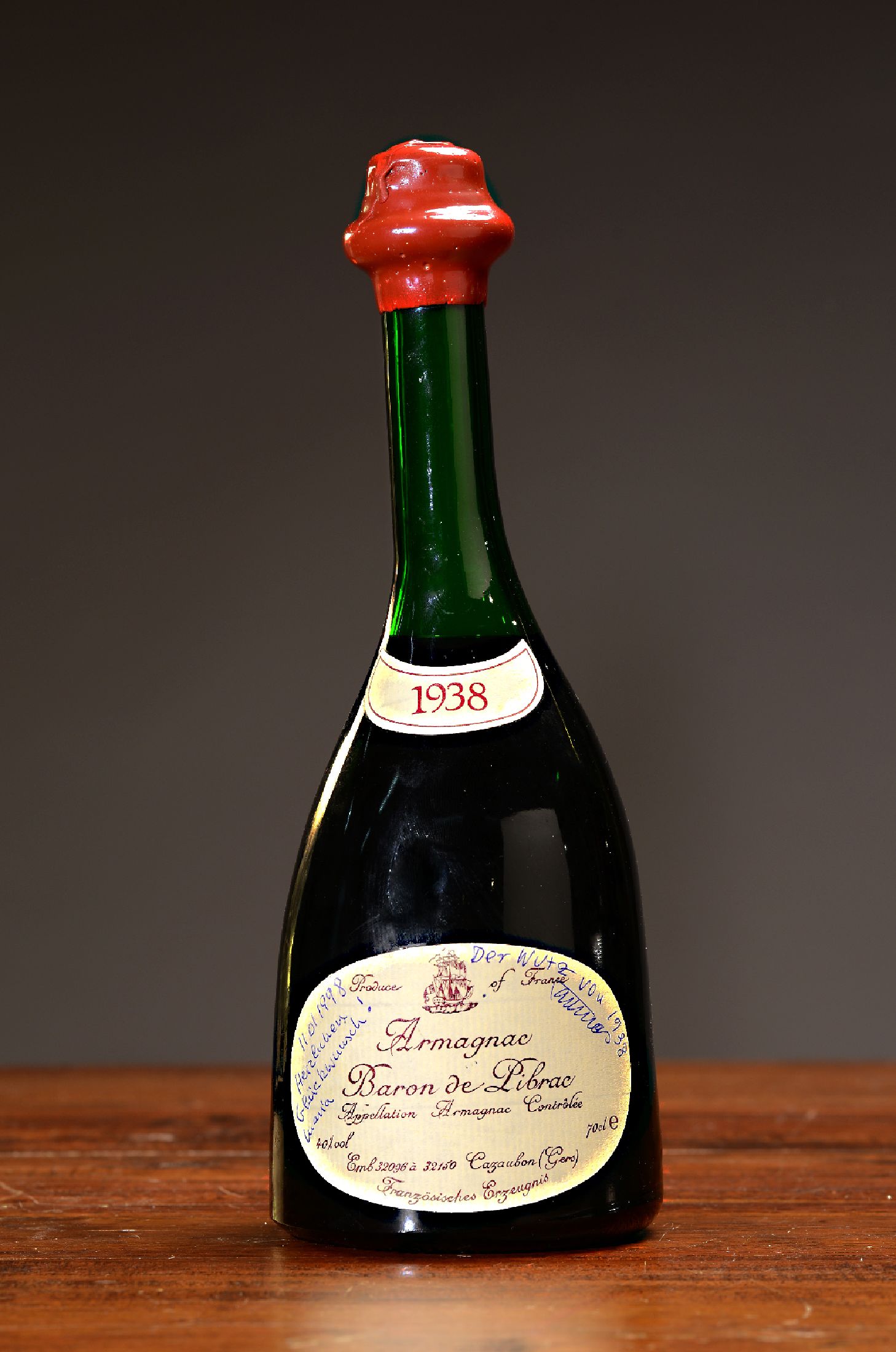1938 Armagnac, Baron de Pibrac, 40 % Vol, 70cl, Etikett mit Widmung, beschriftet, l. Schwund, nicht verkostet