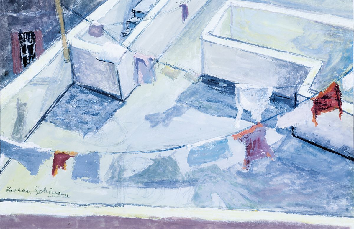 Hassan Soliman, Kairo 1928 - 2008, Gouache und Graphit auf Papier, Blick auf eineDachlandschaft, in der Sonne trocknende Kleidung, ruhige Komposition ...
