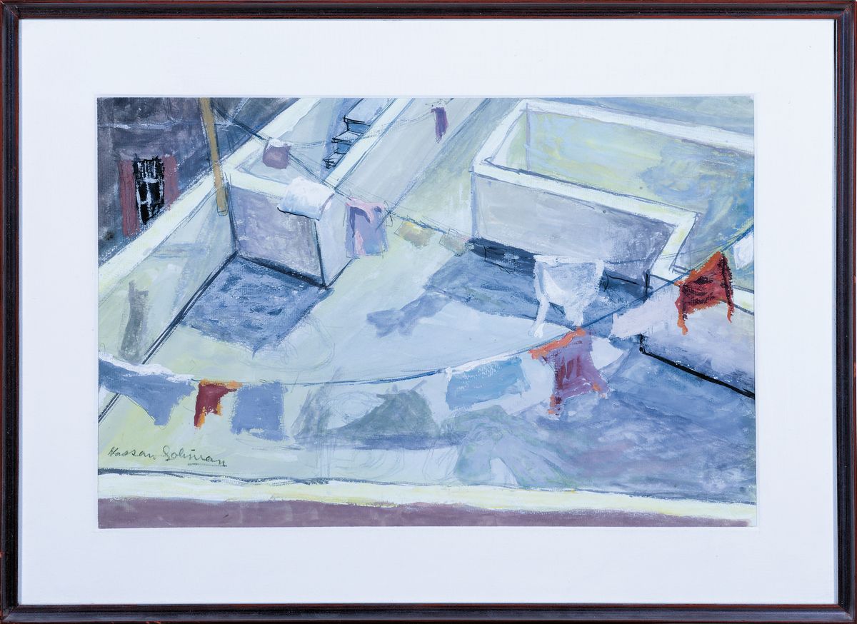 Detail k: Hassan Soliman, Kairo 1928 - 2008, Gouache und Graphit auf Papier, Blick auf eineDachlandschaft, in der Sonne trocknende Kleidung, ruhige Komposition ...