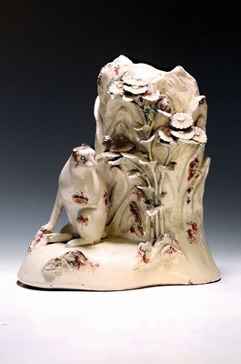 Image 26711489 - Large ceramic sculpture, China, 17th/18th century Century, hare in front of a stylized moon castle or in front of rocks with applied flowers, light glaze, heightened with reddish brown, ears missing, slight damage caused by age or fire cracks, 32 x 28 x 15 cm