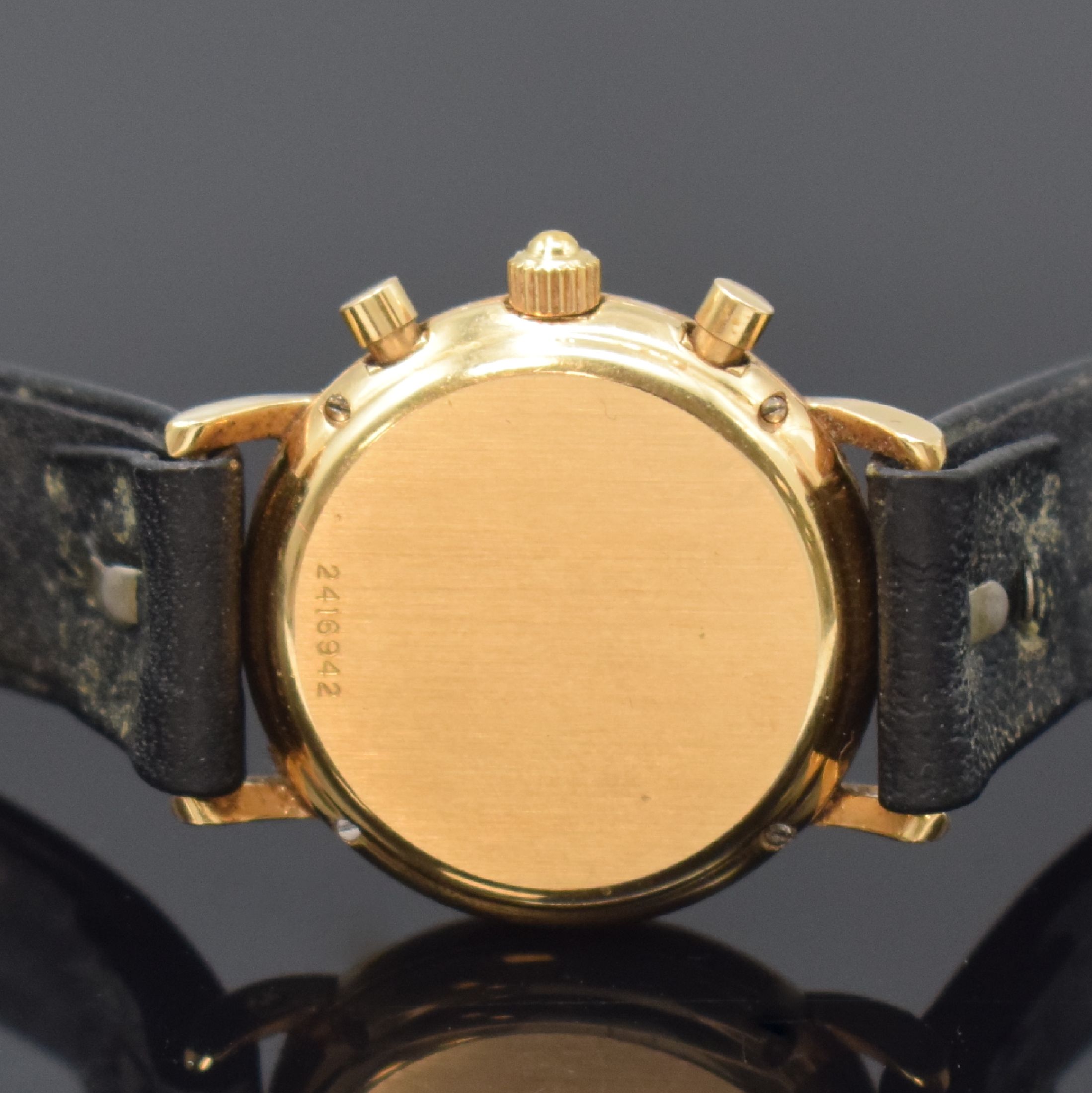 Detail c: IWC Portofino Damenchronograph in RG 750/000 Referenz 3730,, Schweiz um 1990, quarz, Boden 4-fach verschr., schwarzes Zifferbl. m. gold. Std.-Ind., ...