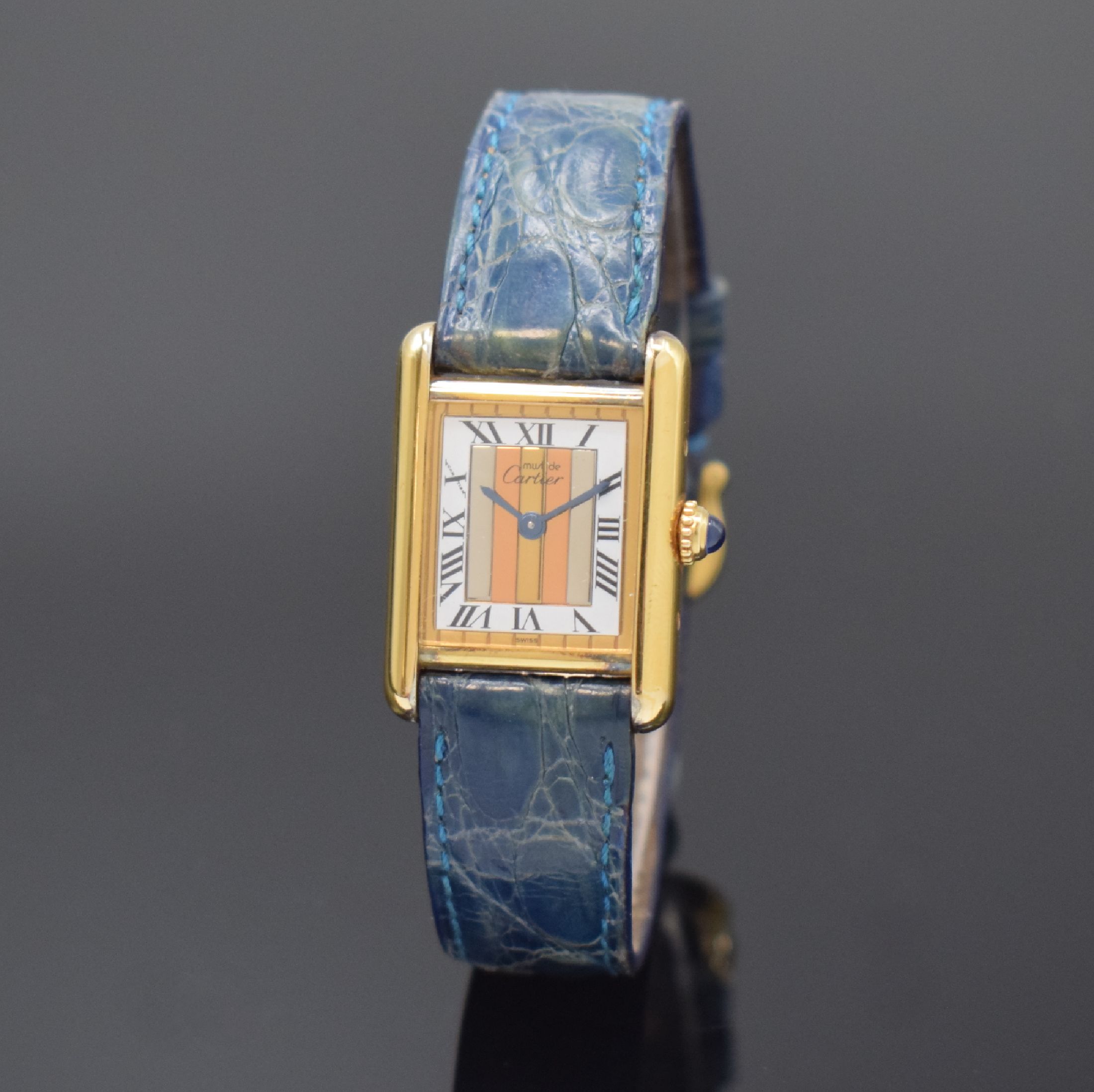 CARTIER Paris Damenarmbanduhr Tank Vermeil Referenz 5057001, Schweiz um 1995, quarz, verg. Silbergeh. inkl. orig. Lederband m. orig. Dornschl., Boden ...