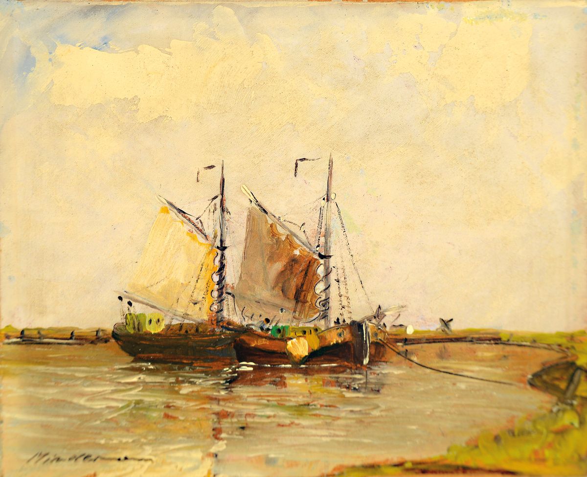 Willem Mindermann, 1910-1985, Fischerboote am Ufer, Öl/Hartfaser, links unten signiert, ca. 12.5x15cm