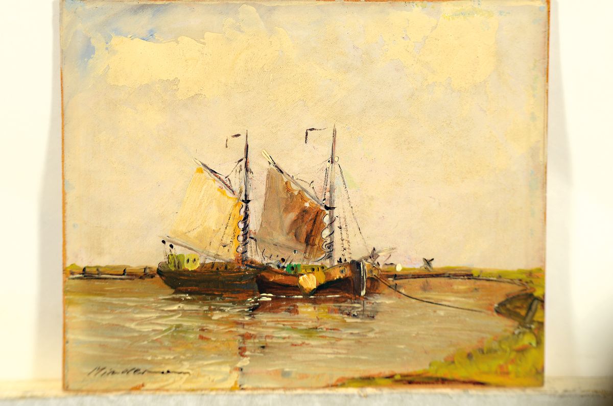 Detail k: Willem Mindermann, 1910-1985, Fischerboote am Ufer, Öl/Hartfaser, links unten signiert, ca. 12.5x15cm