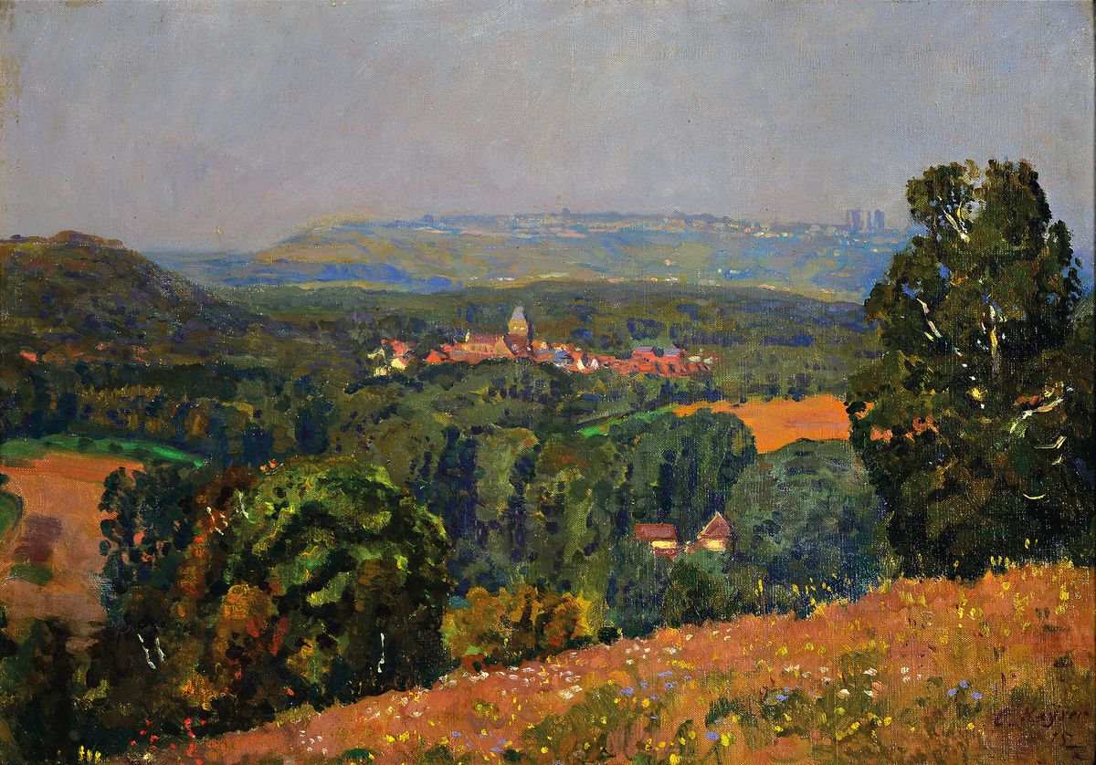Conrad Kayser, 1880-1954, Blick auf Bruyere, so rückseitig betitelt, Öl/Malkarton, rechts unten signiert und dat. 15, ca. 36x50cm, R. ca. 40x54cm