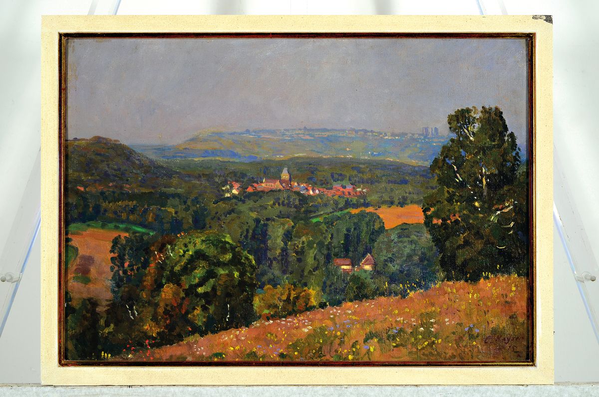 Detail k: Conrad Kayser, 1880-1954, Blick auf Bruyere, so rückseitig betitelt, Öl/Malkarton, rechts unten signiert und dat. 15, ca. 36x50cm, R. ca. 40x54cm