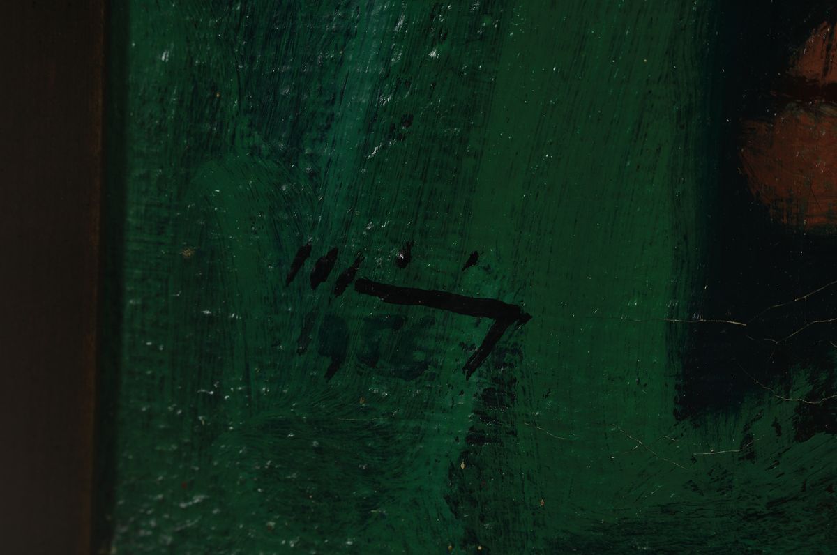 Detail a: Walter Meinig, 1902 Dresden-1987 Freiburg, Franziskus predigt den Vögeln, Öl/Jute, links unten signiert und dat. 1956, verso betitelt und bez., ca. ...