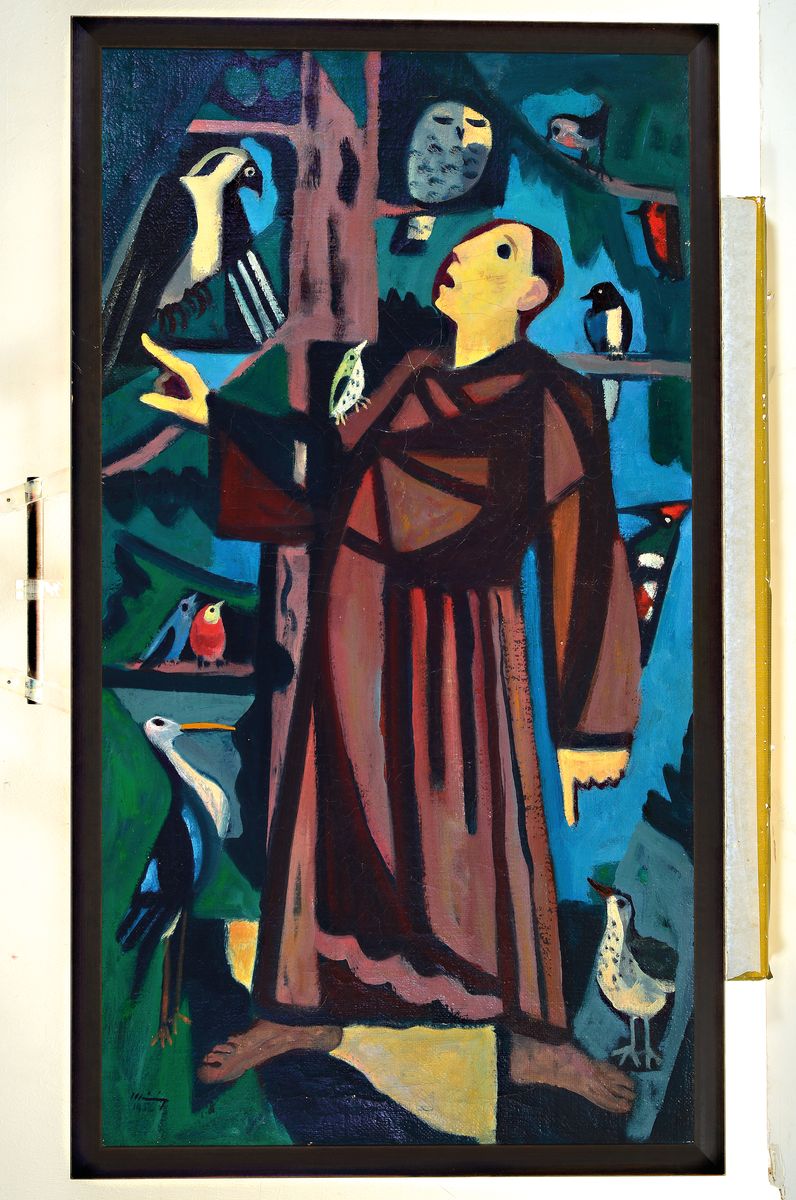 Detail k: Walter Meinig, 1902 Dresden-1987 Freiburg, Franziskus predigt den Vögeln, Öl/Jute, links unten signiert und dat. 1956, verso betitelt und bez., ca. ...