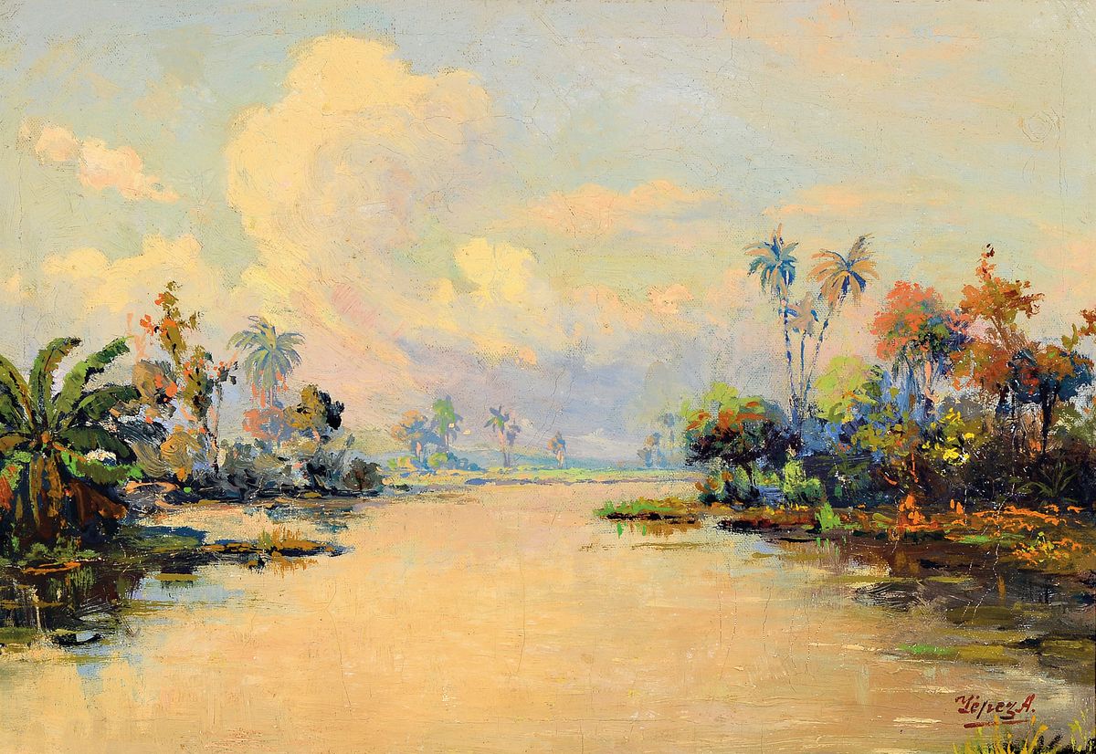 José Yépez-Arteaga, 1898 Quito/Ecuador-nach 1961 ebenda, Amazonas-Flusslandschaft mit Palmen, impressionistisches Werk des bekannten ...