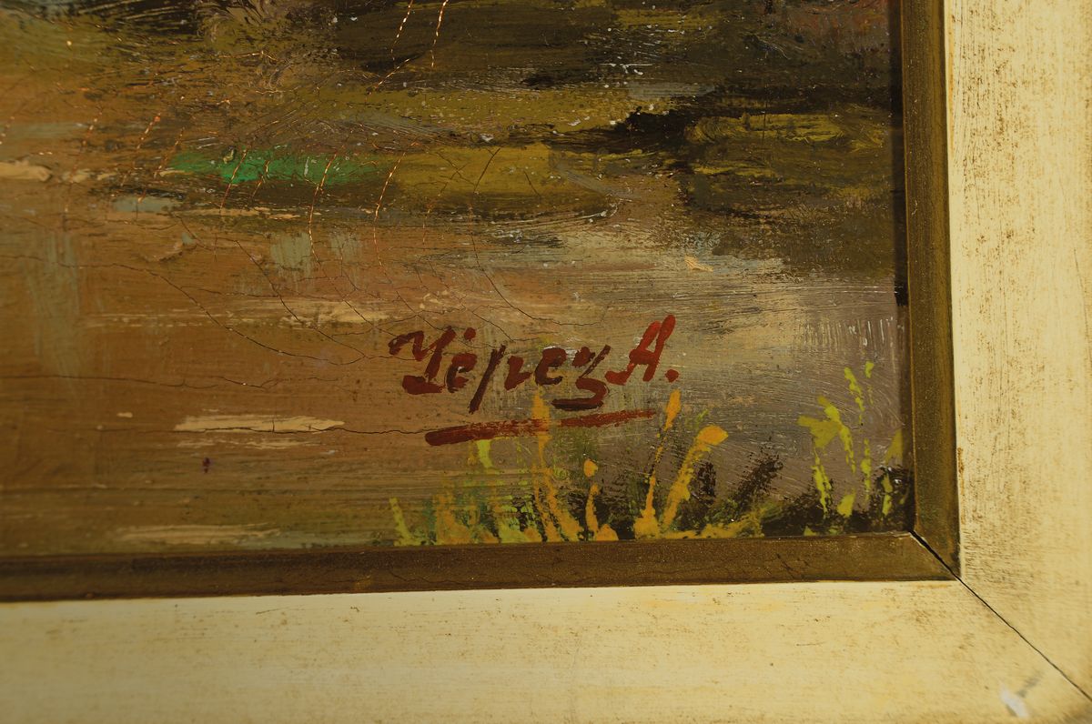 Detail a: José Yépez-Arteaga, 1898 Quito/Ecuador-nach 1961 ebenda, Amazonas-Flusslandschaft mit Palmen, impressionistisches Werk des bekannten ...