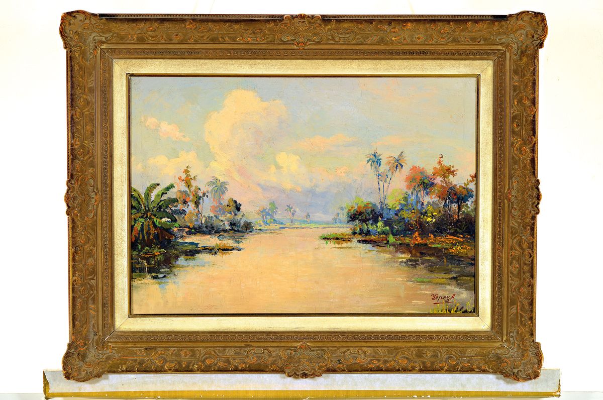 Detail k: José Yépez-Arteaga, 1898 Quito/Ecuador-nach 1961 ebenda, Amazonas-Flusslandschaft mit Palmen, impressionistisches Werk des bekannten ...