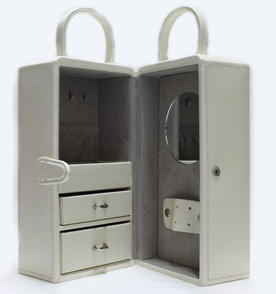 26711547a - Schmuckturm aus beigefarb. Feinsynthetik in Krokooptik, hellgraues Innenfutter, ...