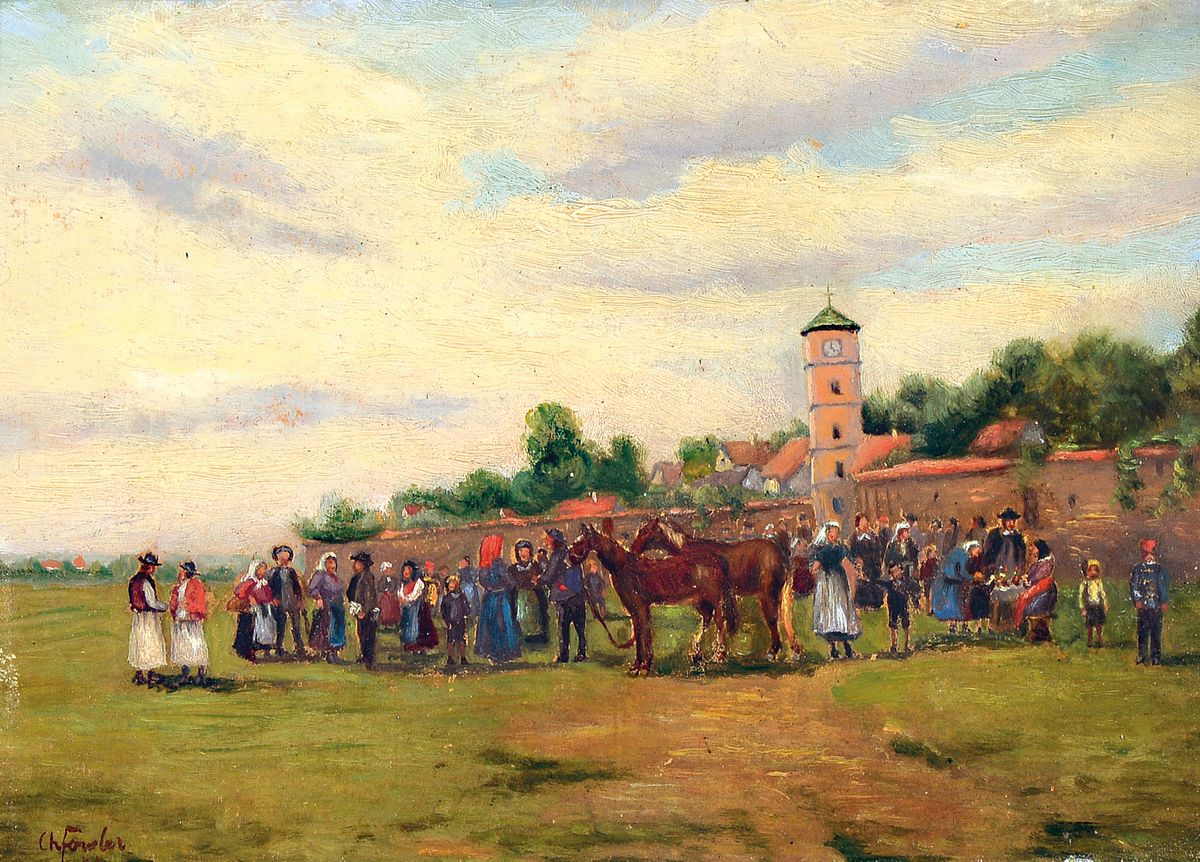 Christian Förster, ca. 1826-1902, Menschenversammlung mit Pferden auf einer Wiese vor der Stadtmauer, Öl/Malkarton, links unten sign., ca. ...