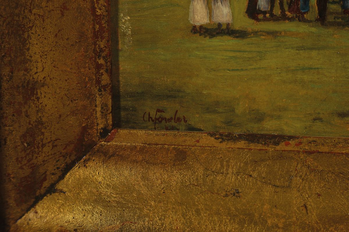 Detail a: Christian Förster, ca. 1826-1902, Menschenversammlung mit Pferden auf einer Wiese vor der Stadtmauer, Öl/Malkarton, links unten sign., ca. ...